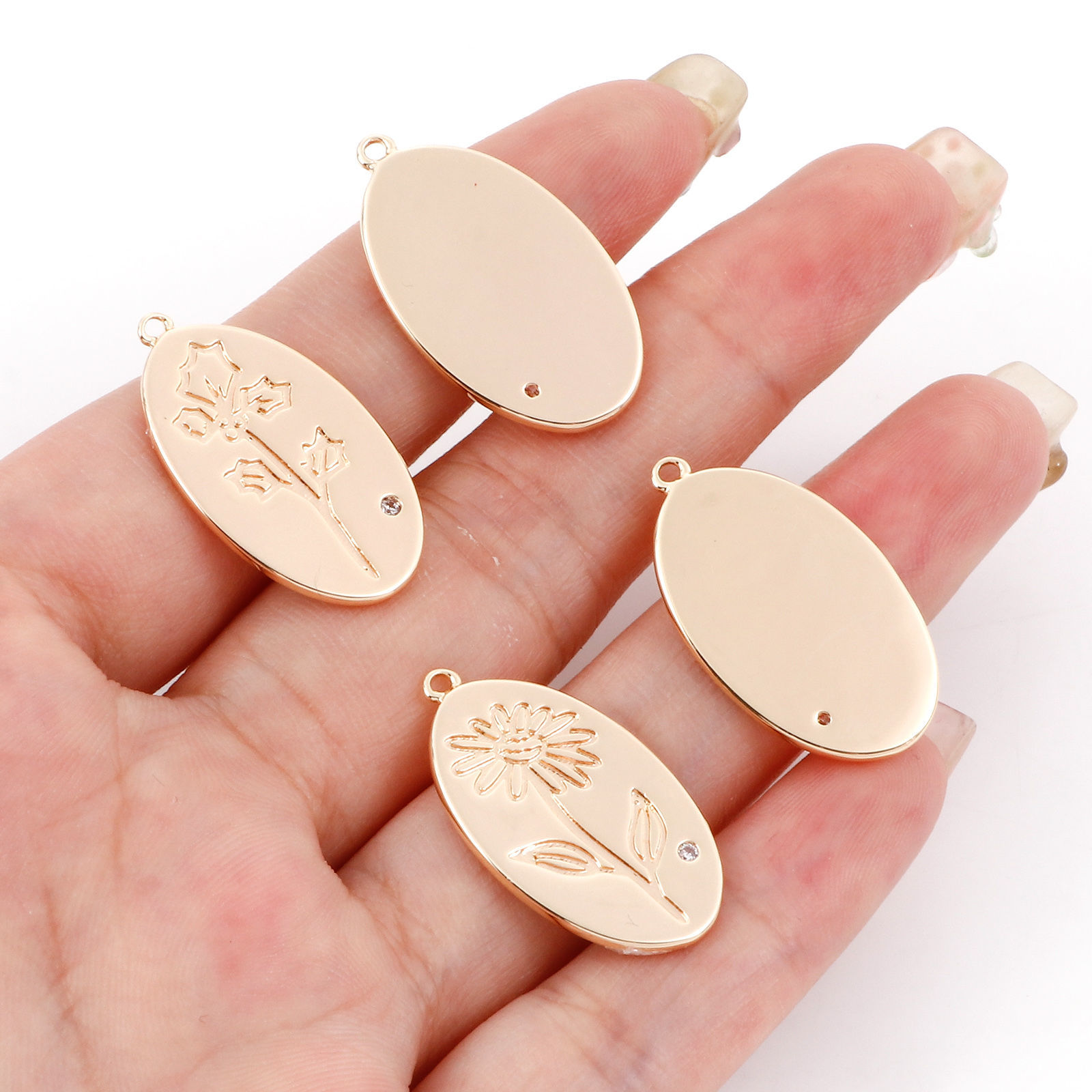 Picture of Brass Birth Month Flower Charms 18K Real Gold Plated Oval Chrysanthemum Flower Clear Cubic Zirconia 27mm x 15mm