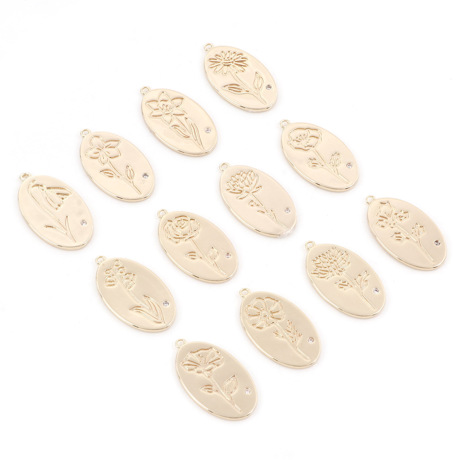Picture of Brass Birth Month Flower Charms 18K Real Gold Plated Oval Chrysanthemum Flower Clear Cubic Zirconia 27mm x 15mm