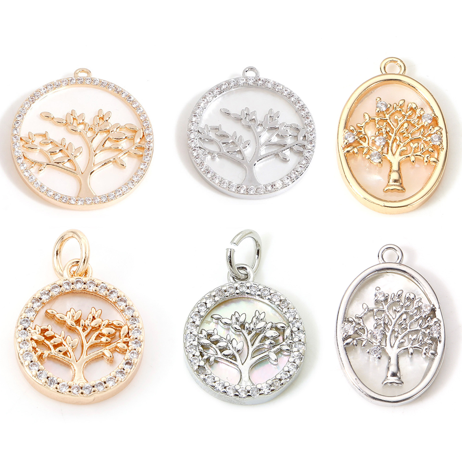 Imagen de Concha + Latón Colgantes Charms Ronda Oro Real Chapado Árbol Micro Pave Claro Circón Artificial 1 Unidad