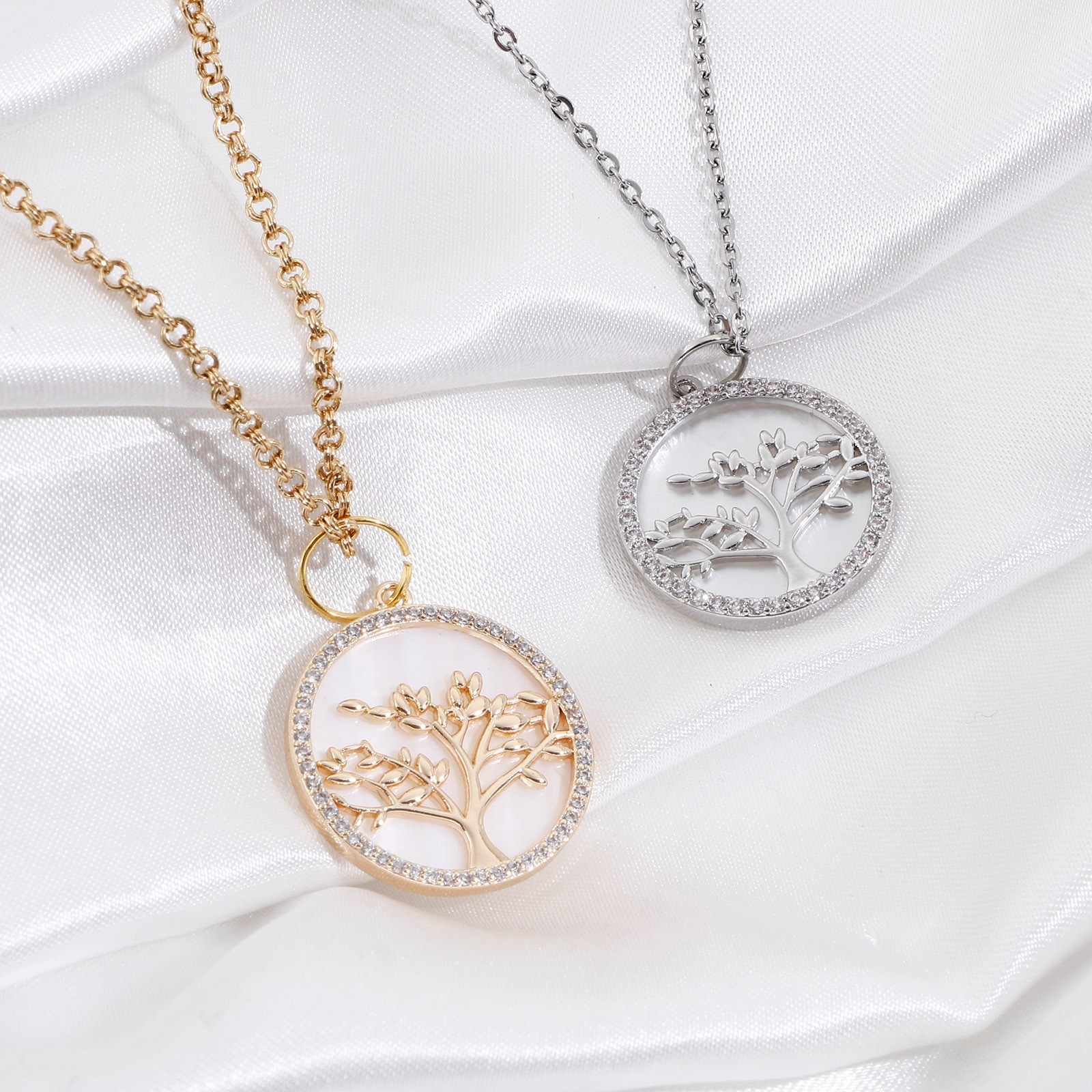 Imagen de Concha + Latón Colgantes Charms Ronda Oro Real Chapado Árbol Micro Pave Claro Circón Artificial 1 Unidad
