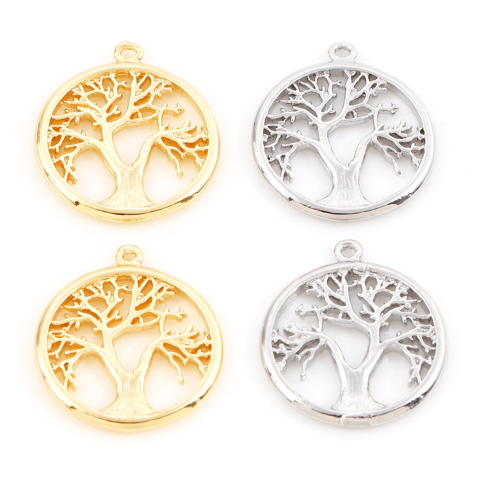 Immagine di Ottone Charms Tondo Vero Oro Placcato Albero Micro Spianare Trasparente Cubic Zirconiae 17mm x 15mm, 3 Pz