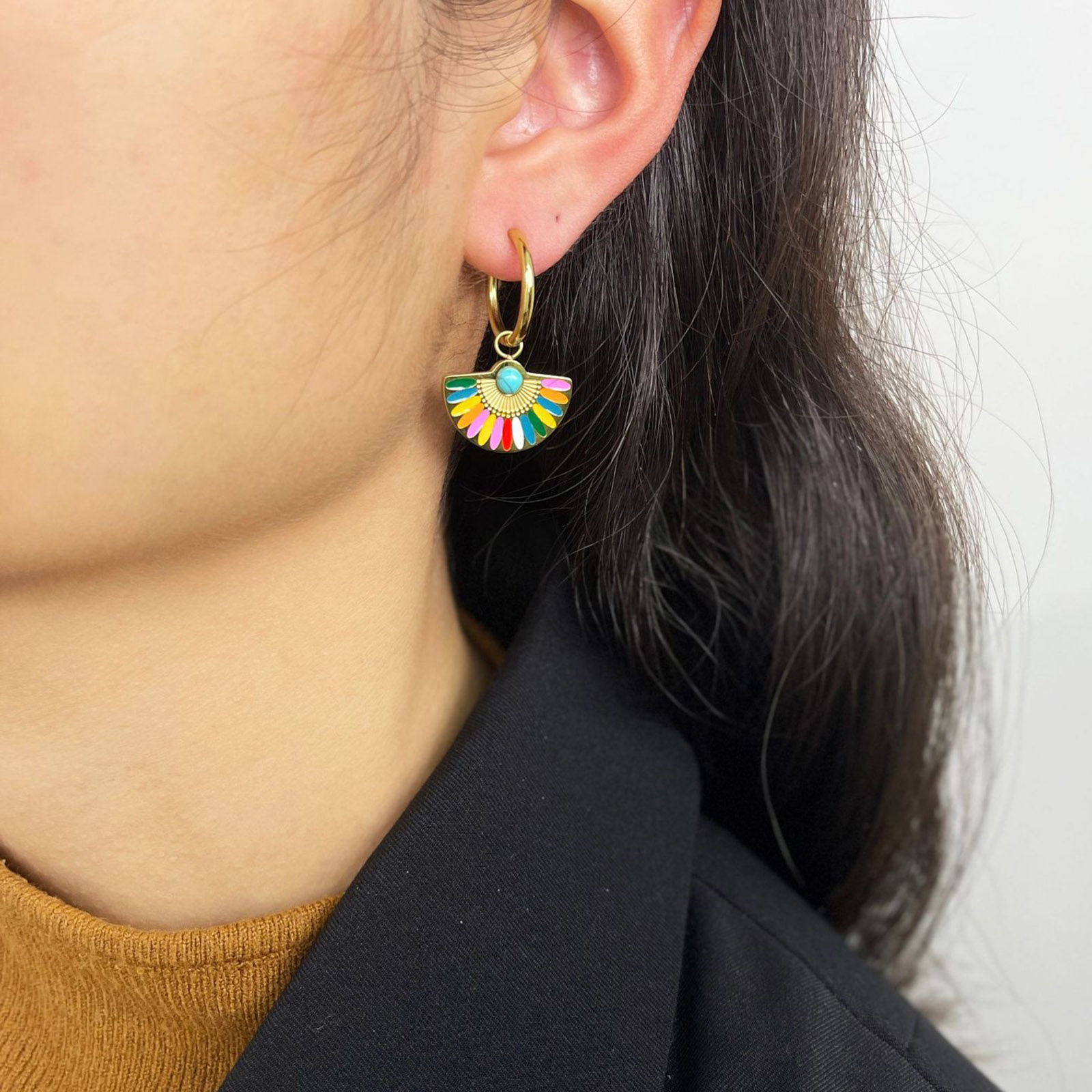 Immagine di Ipoallergenico Retrò Etnico 18K Vero Oro Placcato Multicolore 304 Acciaio Inossidabile A Forma di Ventagli Smalto Orecchino Per Donne Festa 1 Paio