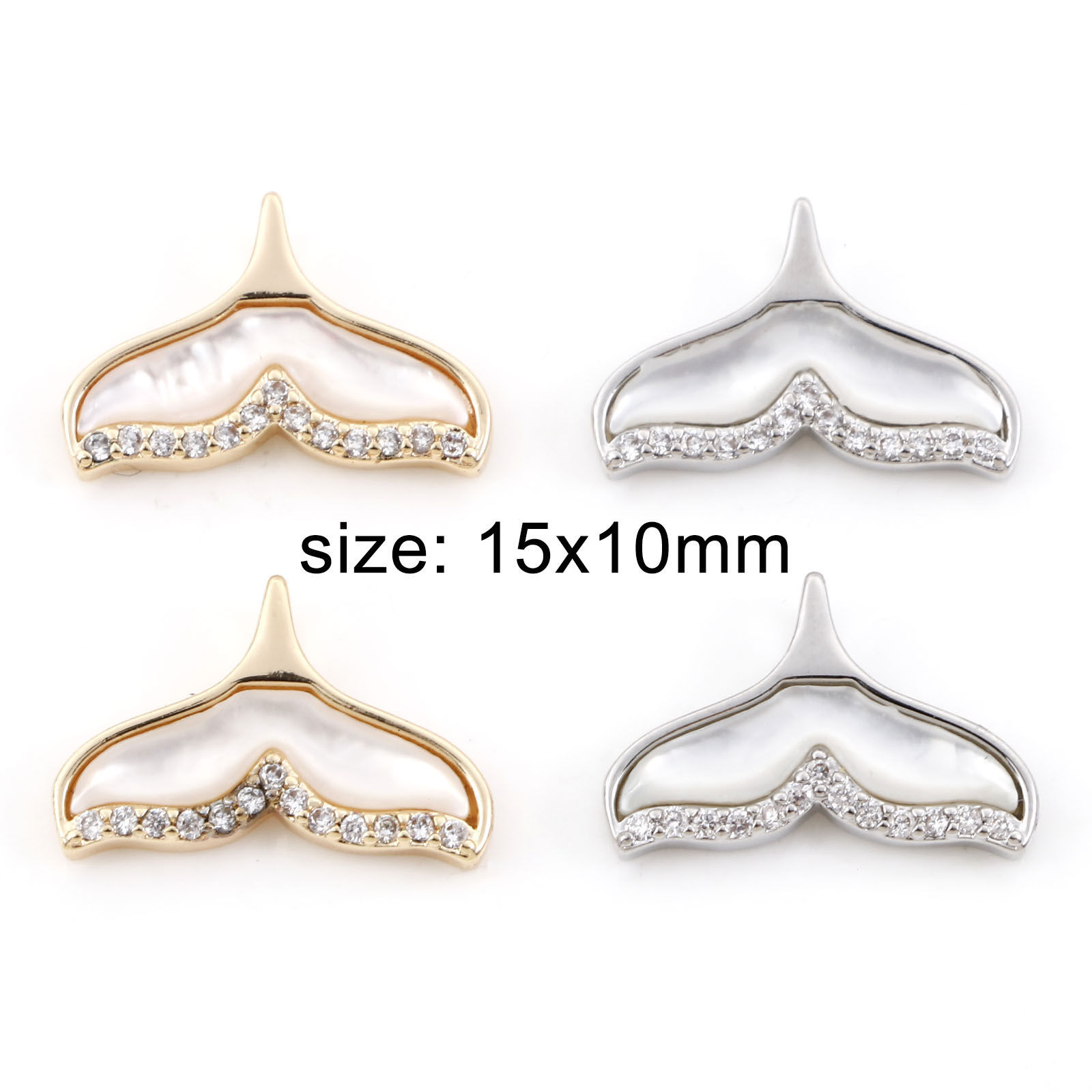 Picture of Natural Shell & Brass Micro Pave Charms Real Gold Plated Whale Tail 15mm x 10mm