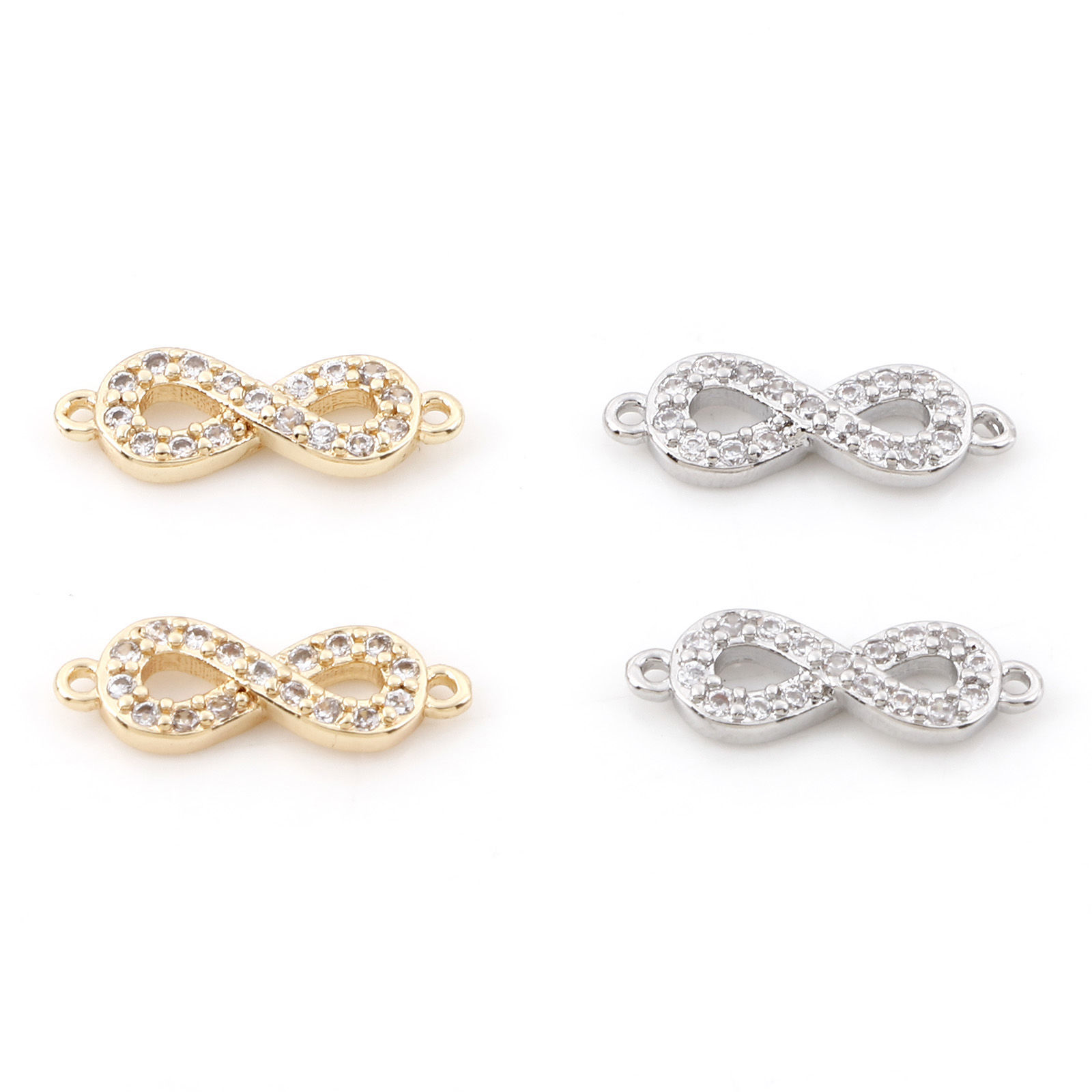 Bild von Messing Micro Pave Steckverbinder Charms Anhänger Unendlichkeit Symbol Echtgold plattiert Klar Zirkonia 15,5mm x 5mm, 2 Stück
