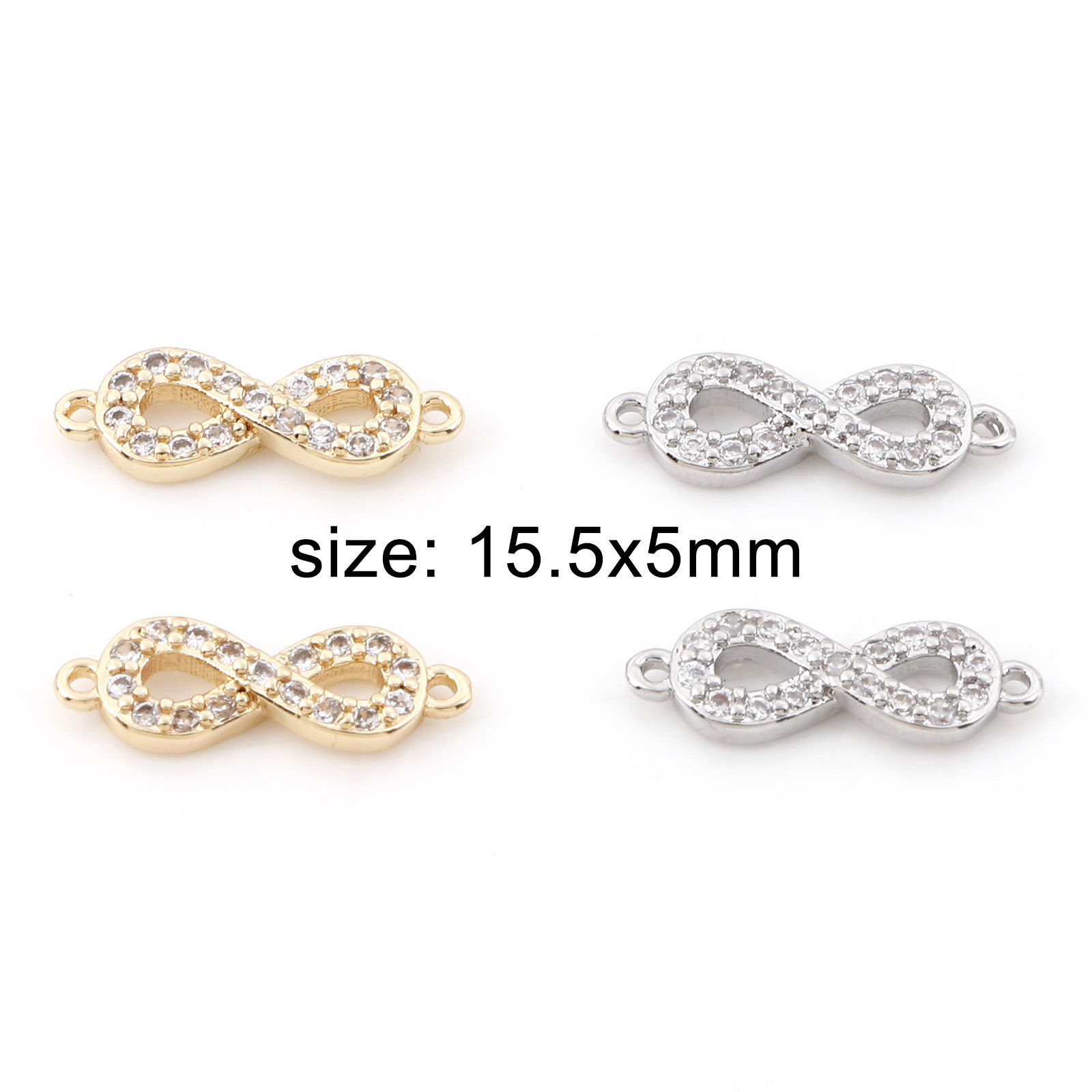 Bild von Messing Micro Pave Steckverbinder Charms Anhänger Unendlichkeit Symbol Echtgold plattiert Klar Zirkonia 15,5mm x 5mm, 2 Stück