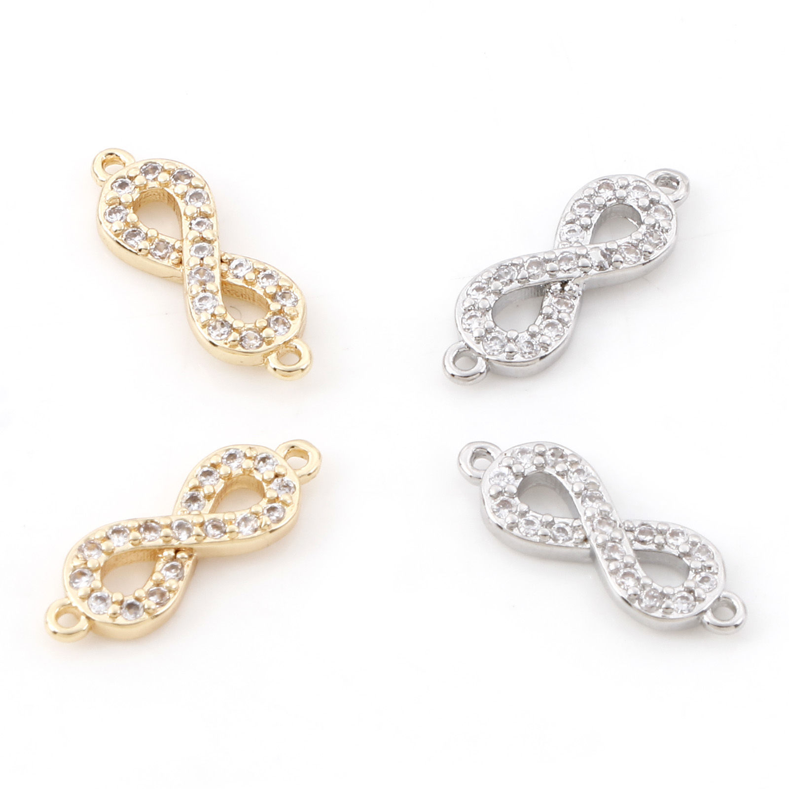 Bild von Messing Micro Pave Steckverbinder Charms Anhänger Unendlichkeit Symbol Echtgold plattiert Klar Zirkonia 15,5mm x 5mm, 2 Stück