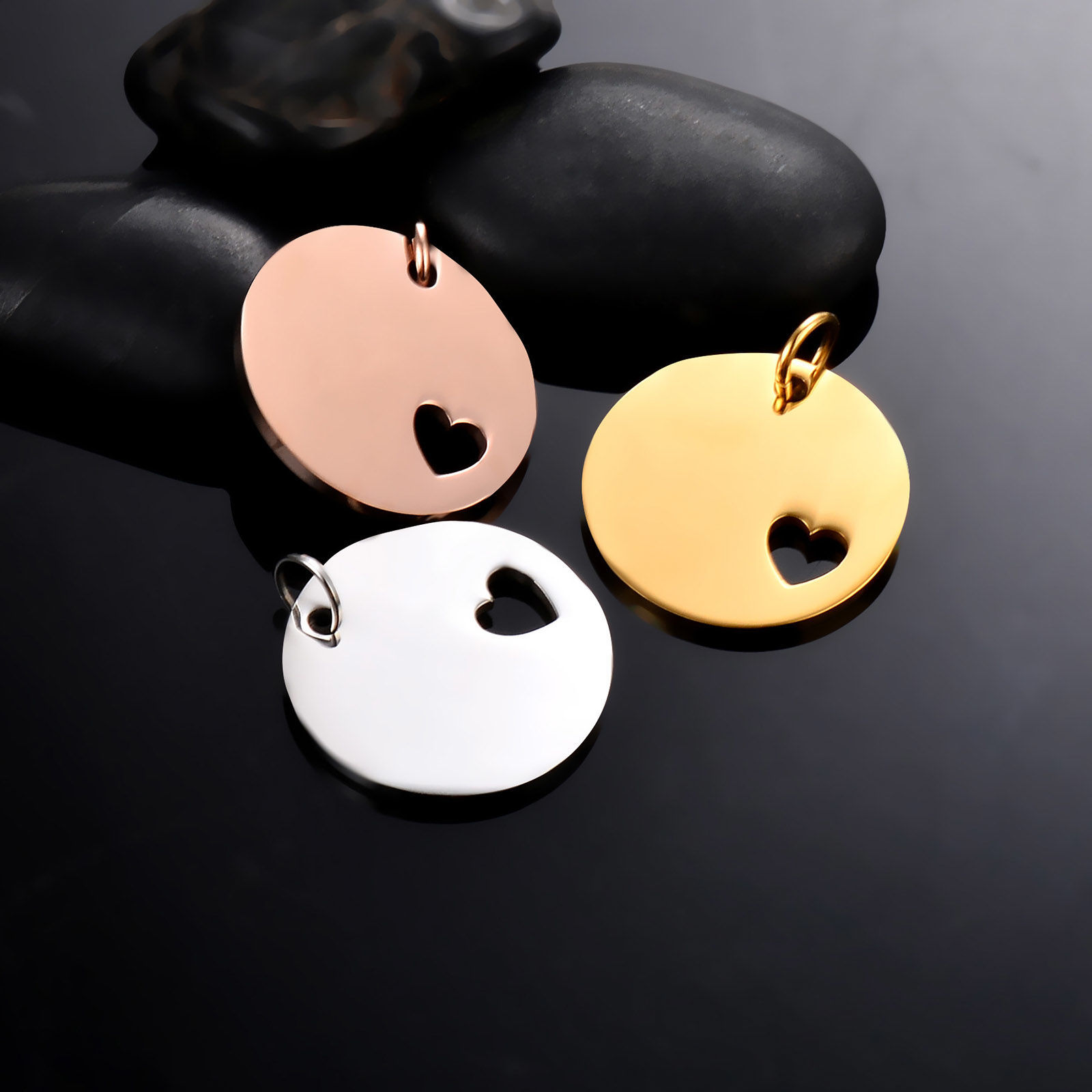 Image de PendentifsÉtiquettes d'Estampage Vierges en 201 Acier Inoxydable Rond Cœur Polissage Miroir 25mm Dia, 1 Pièce