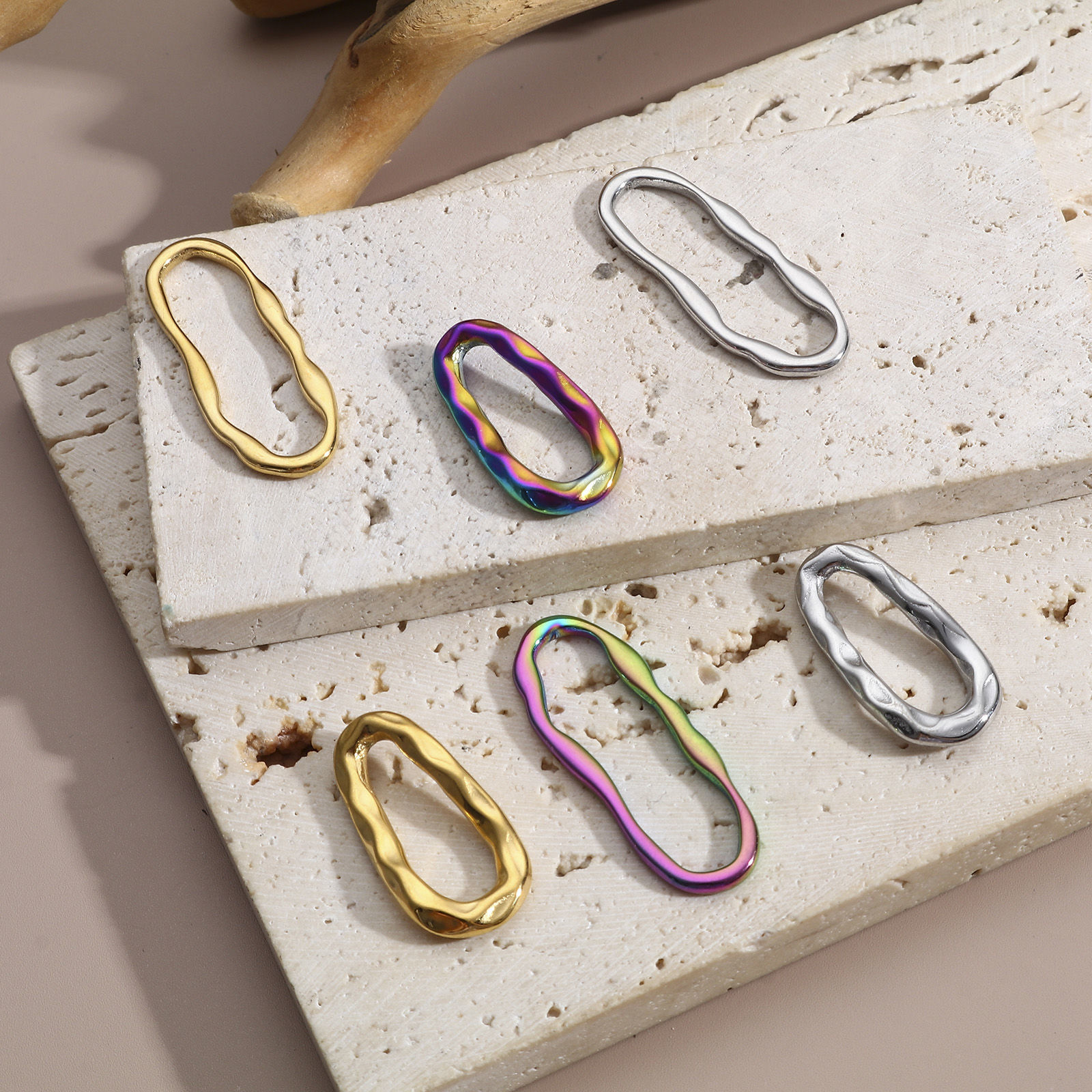 Bild von 3 Stück Vakuumbeschichtung 304 Edelstahl Geometrisch Steckverbinder Charms Anhänger Unregelmäßig Bunt Oval
