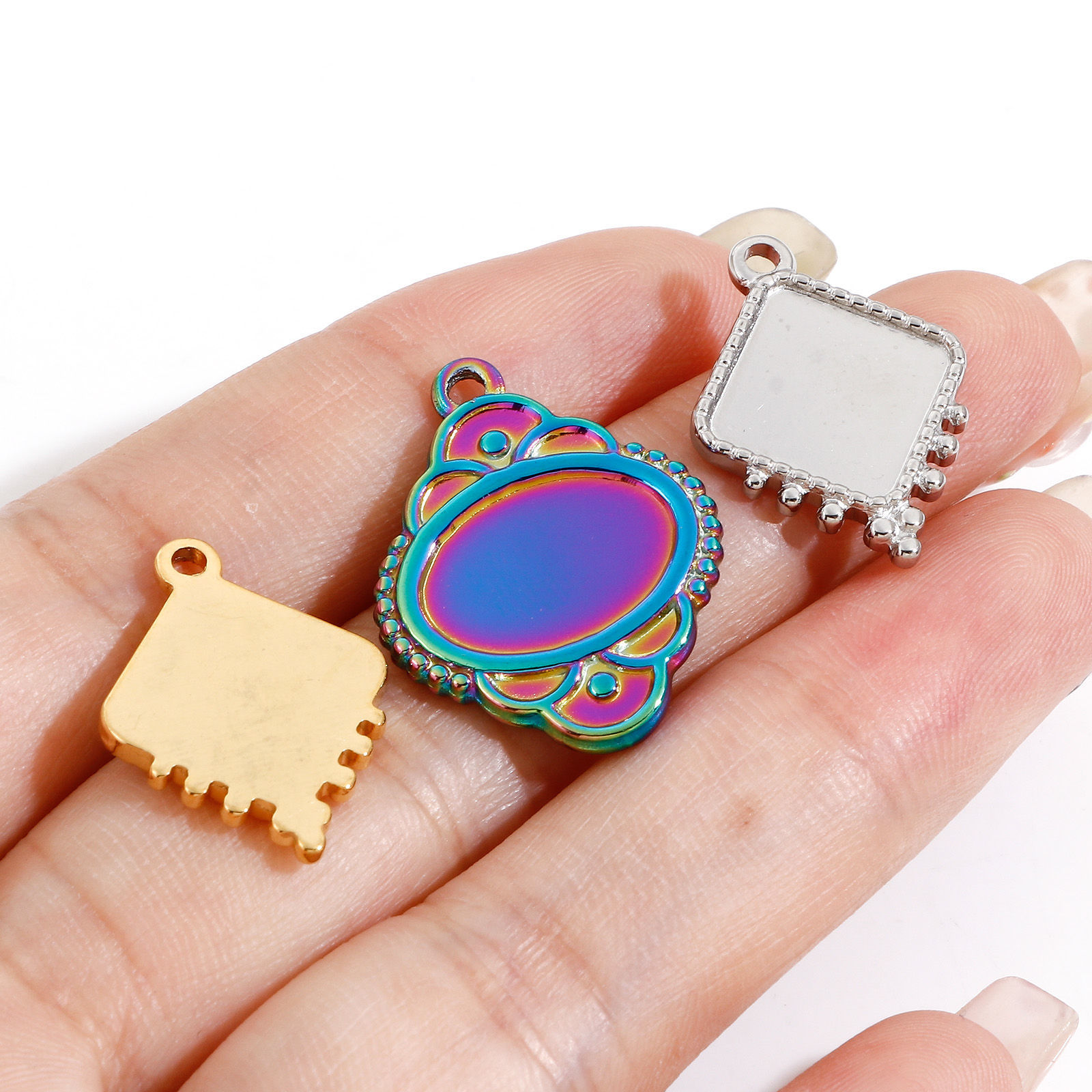 Picture of Eco-friendly Vacuum Plating 304 Stainless Steel Charms Multicolor Geometric Cabochon Settings