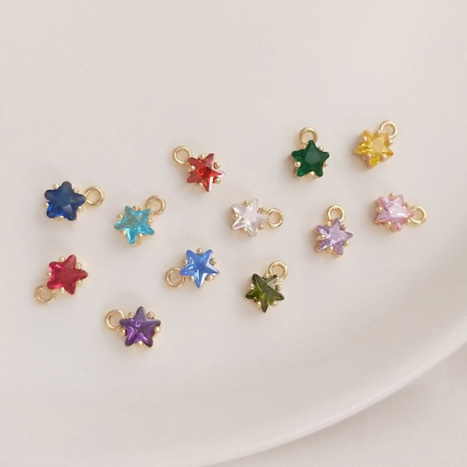 Picture of Brass Birthstone Charms 14K Real Gold Plated Star Multicolour Cubic Zirconia 7.5mm x 5mm