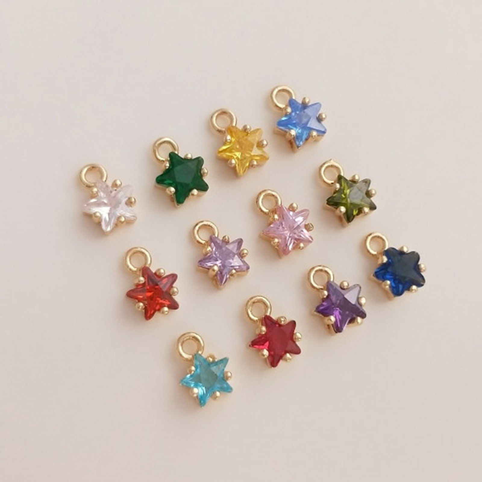 Picture of Brass Birthstone Charms 14K Real Gold Plated Star Multicolour Cubic Zirconia 7.5mm x 5mm