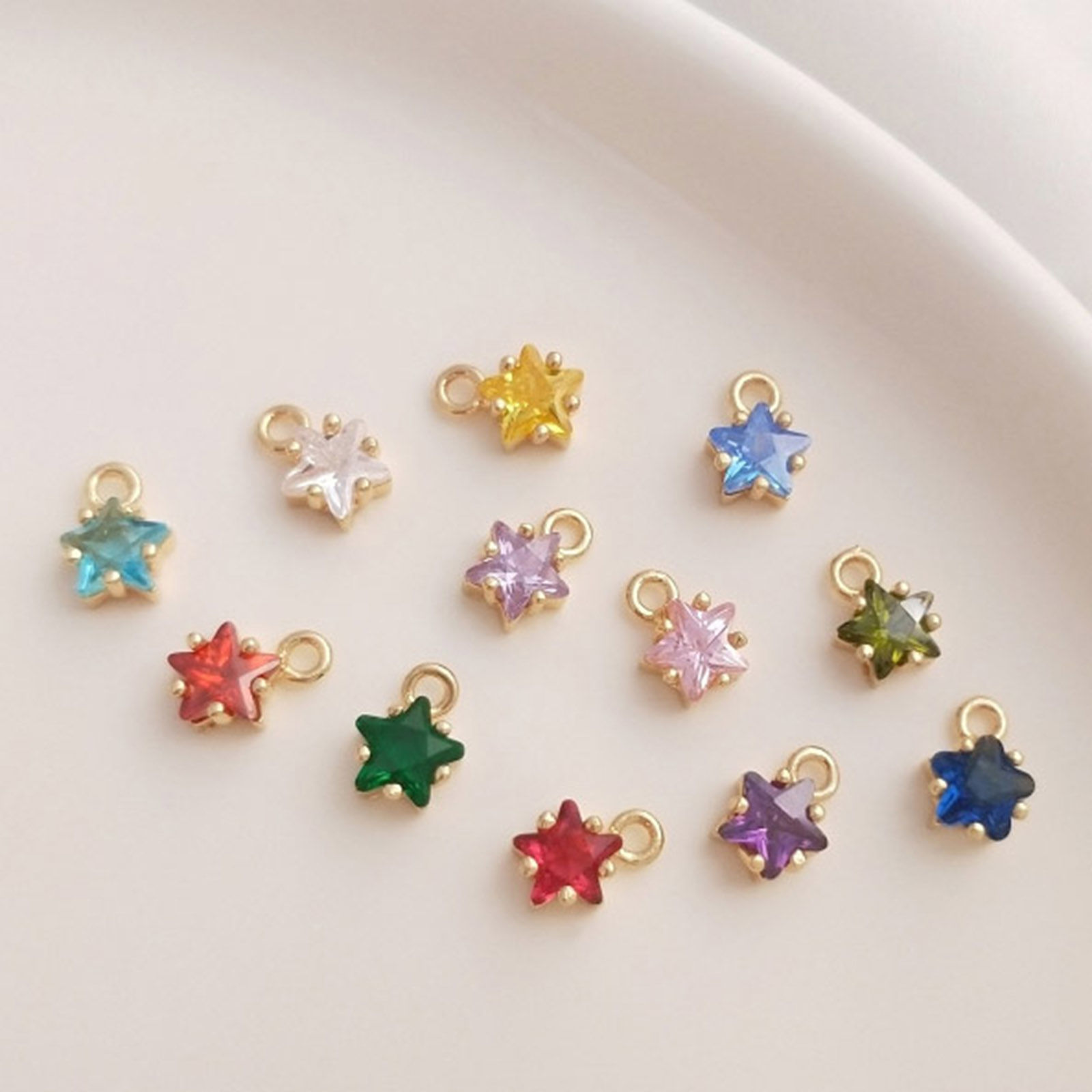 Picture of Brass Birthstone Charms 14K Real Gold Plated Star Multicolour Cubic Zirconia 7.5mm x 5mm