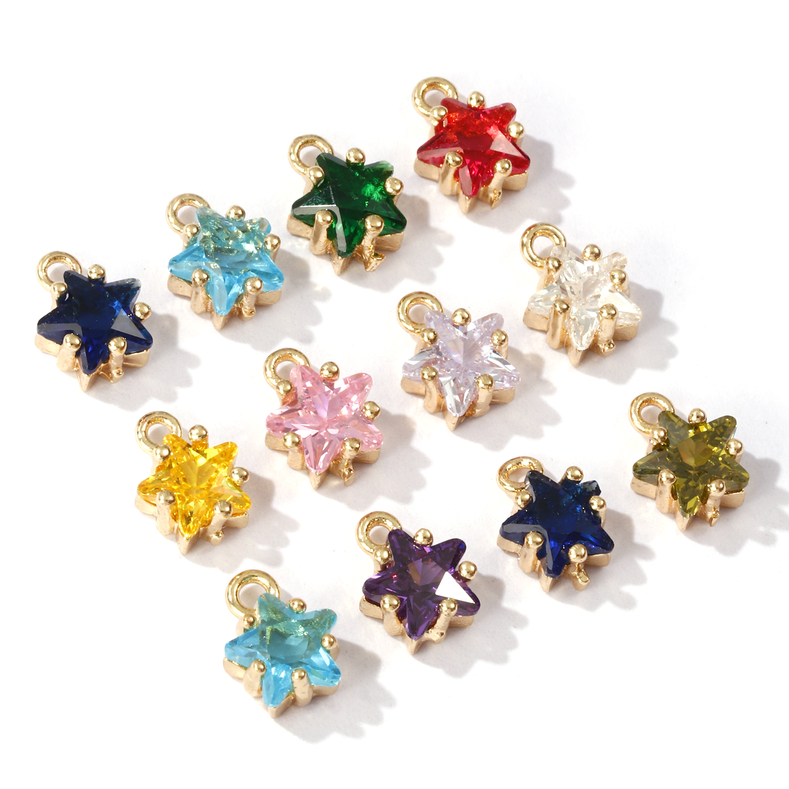 Image de Breloques Pierres de Naissance en Laiton Etoile Plaqué Or Véritable 14K à Zircone Cubique Multicolore 7.5mm x 5mm, 2 Pcs