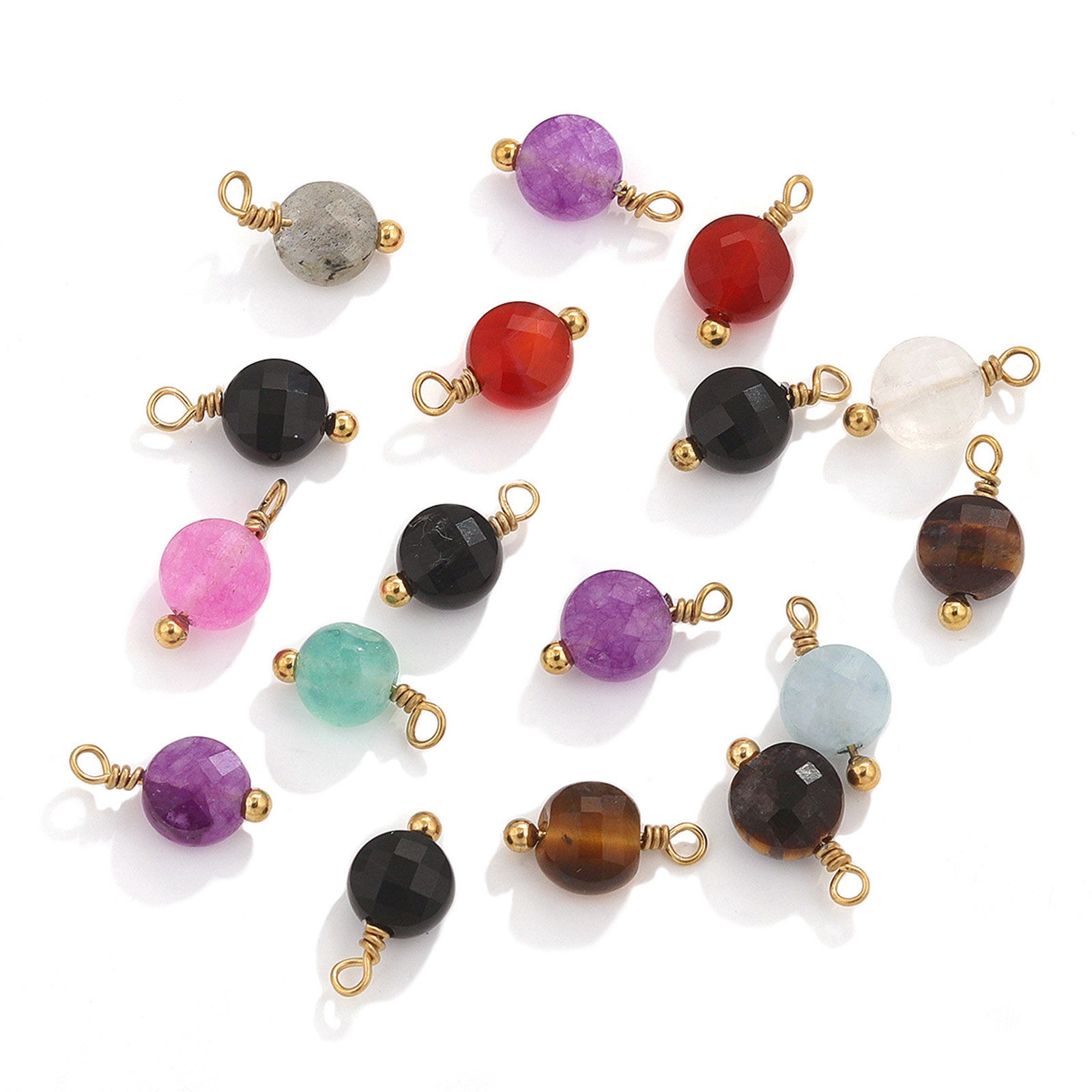 Image de 2 Pcs Breloques en 304 Acier Inoxydable & Pierre Rond Doré Multicolore 12mm x 6mm