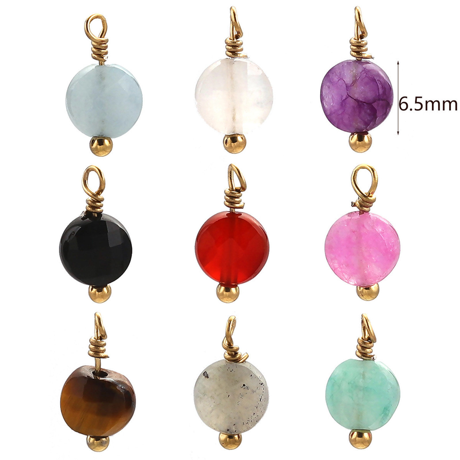Image de 2 Pcs Breloques en 304 Acier Inoxydable & Pierre Rond Doré Multicolore 12mm x 6mm