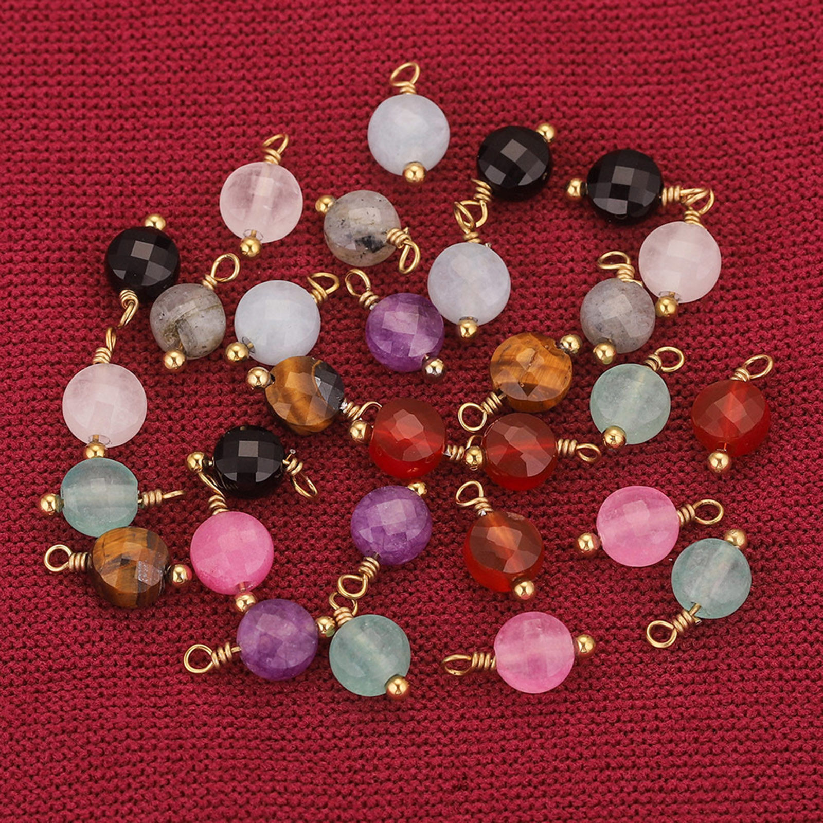 Image de 2 Pcs Breloques en 304 Acier Inoxydable & Pierre Rond Doré Multicolore 12mm x 6mm
