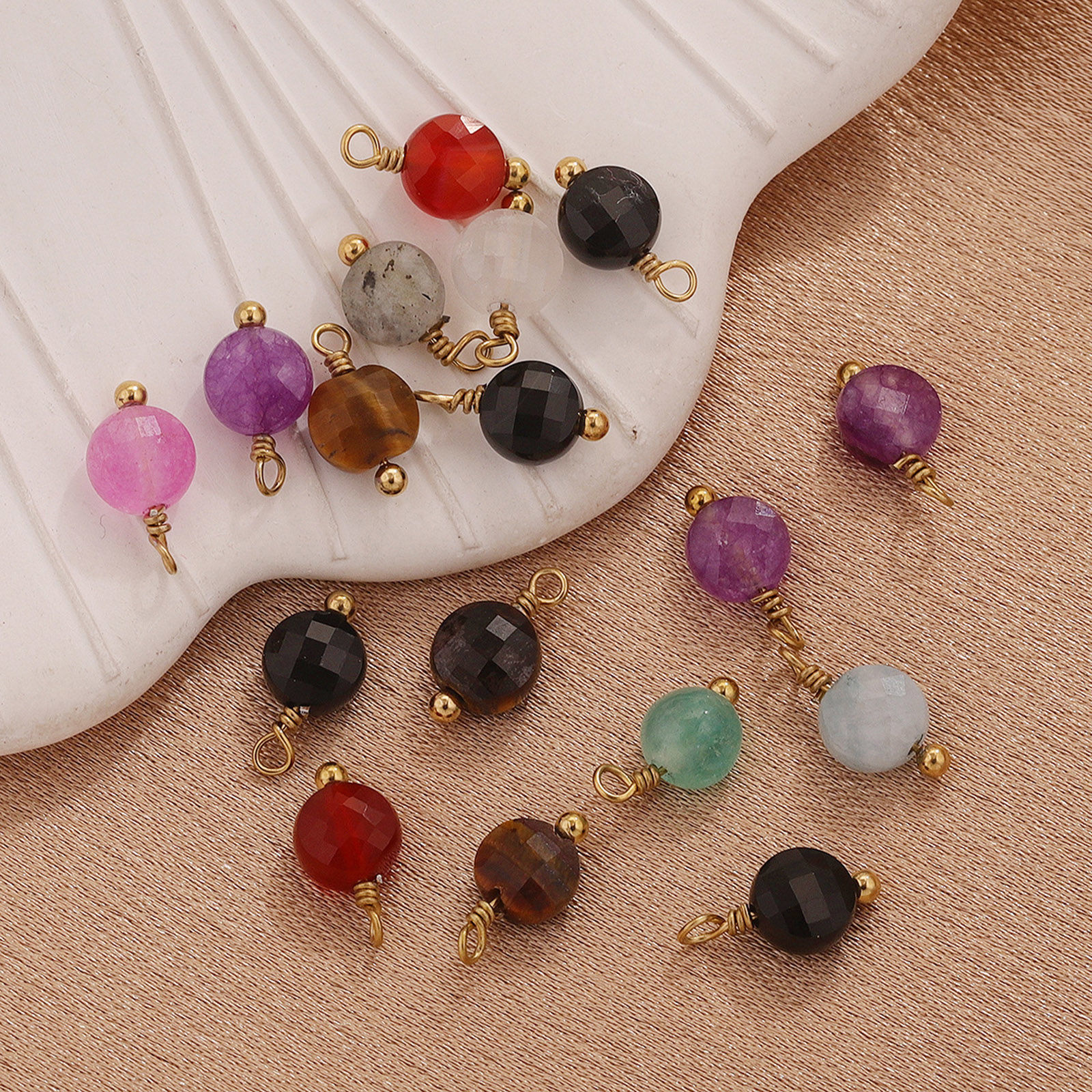 Image de 2 Pcs Breloques en 304 Acier Inoxydable & Pierre Rond Doré Multicolore 12mm x 6mm