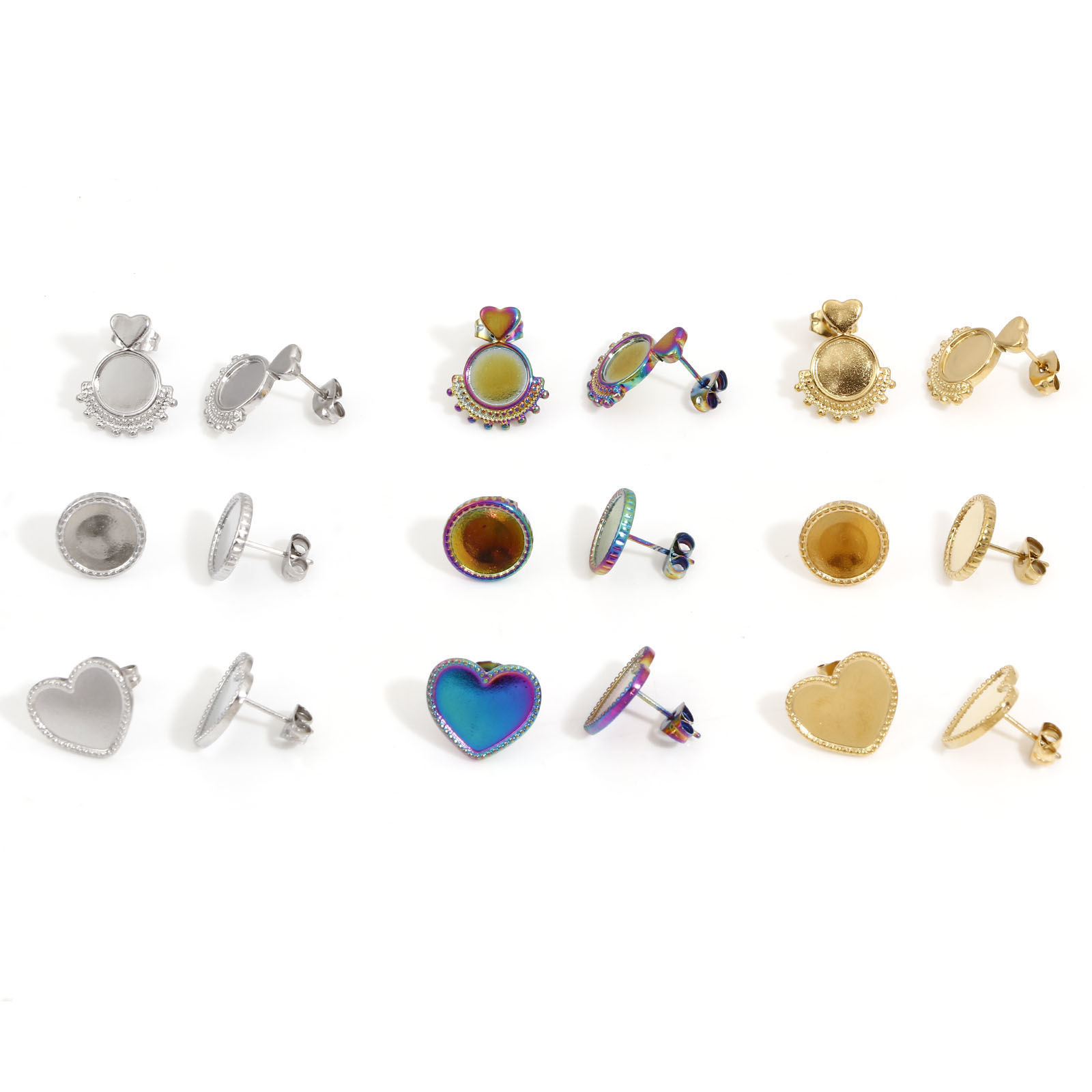 Picture of 304 Stainless Steel Ear Post Stud Earrings Disc Multicolor Heart Cabochon Settings