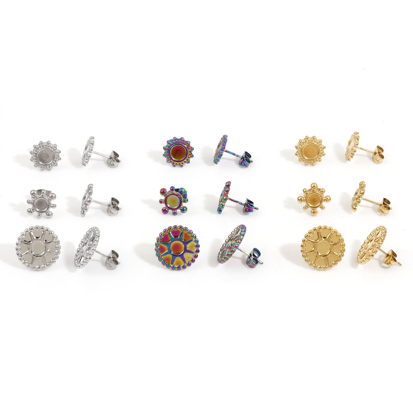 Picture of 304 Stainless Steel Ear Post Stud Earrings Round Multicolor Cabochon Settings