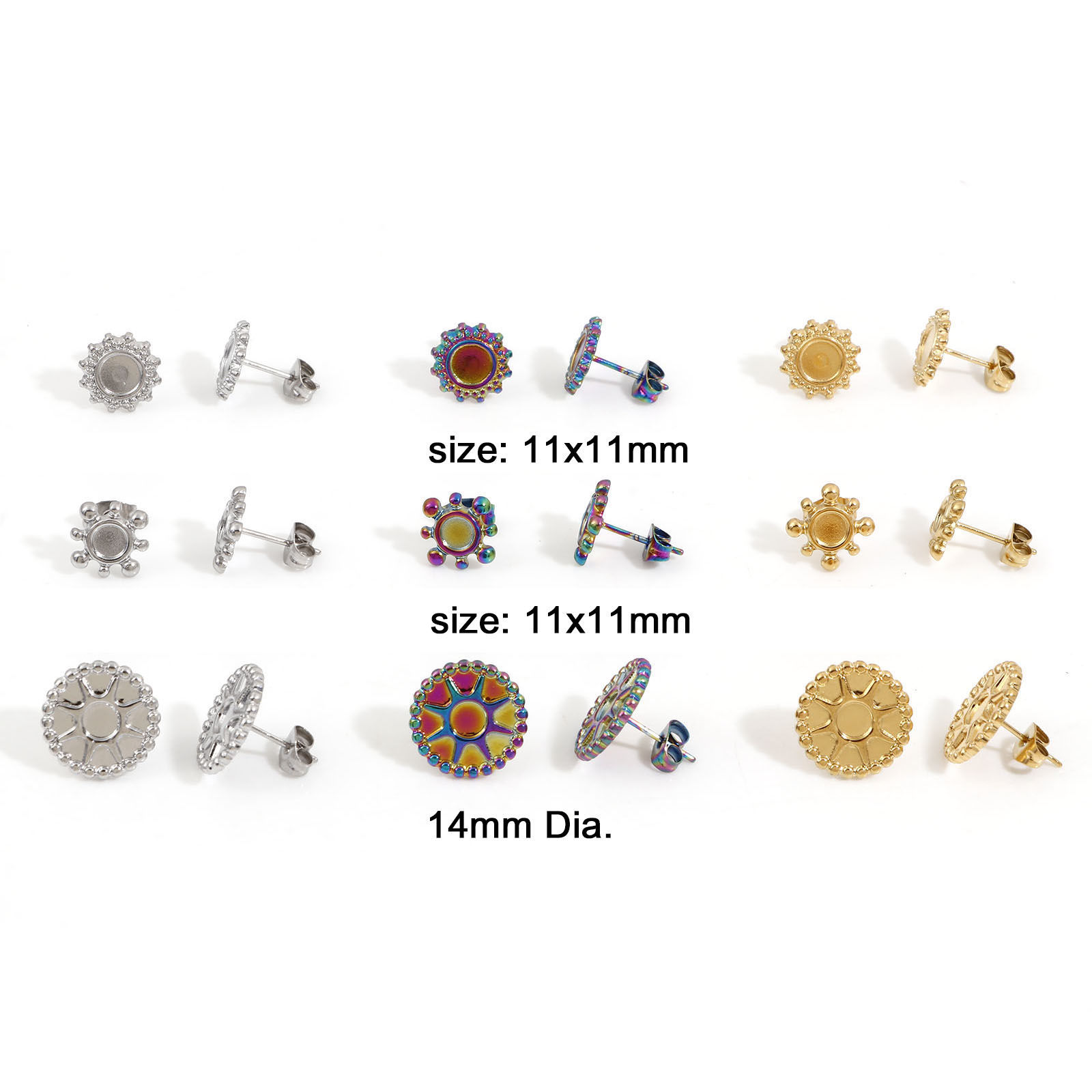 Picture of 304 Stainless Steel Ear Post Stud Earrings Round Multicolor Cabochon Settings