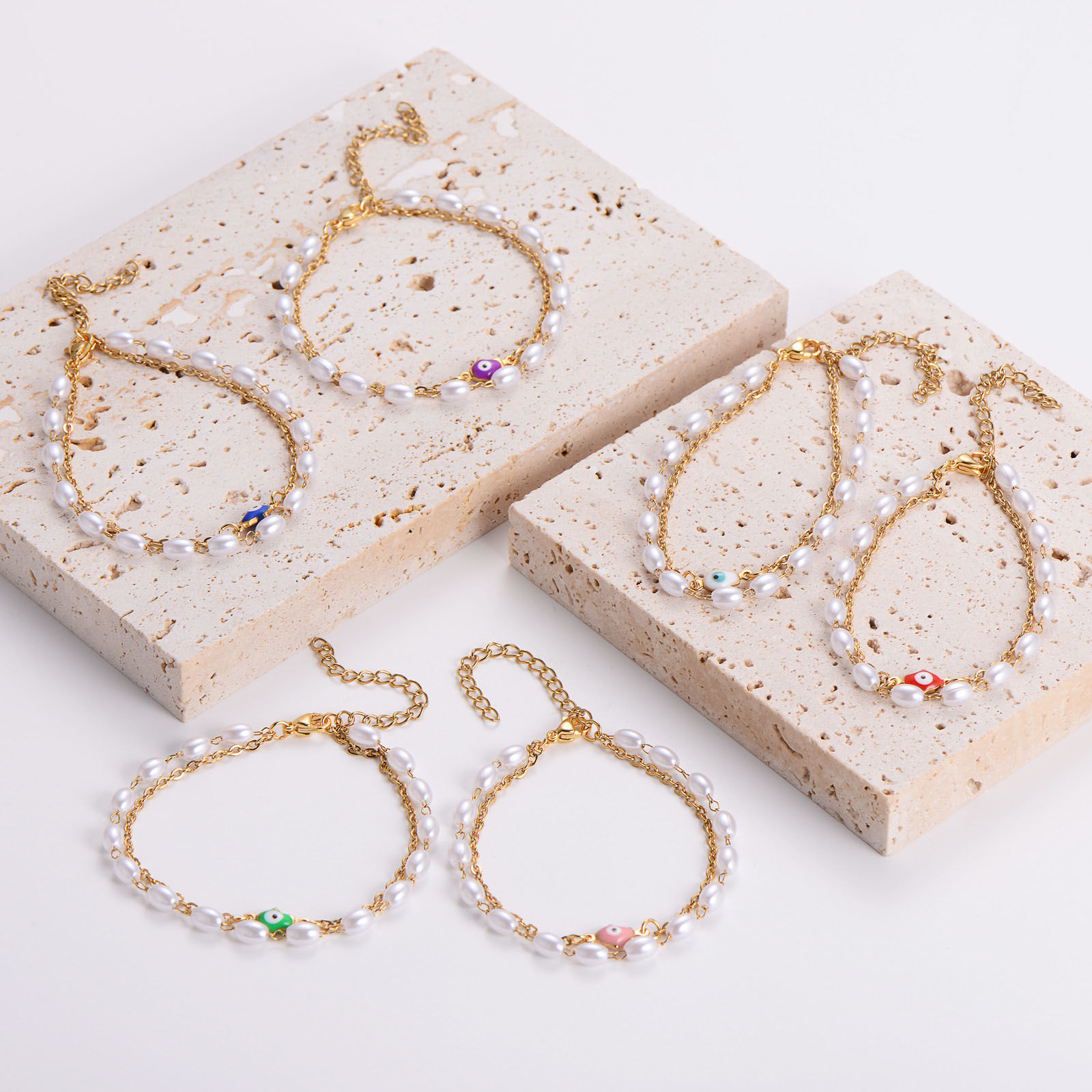 Image de Bracelet Multicouche Chaîne à Maillons Faite à la Main en 304 Acier Inoxydable Doré Œil Mauvais Imitation Perles 16cm long, 1 Pièce