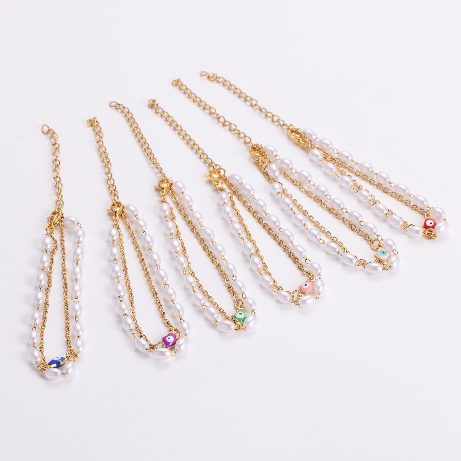 Image de Bracelet Multicouche Chaîne à Maillons Faite à la Main en 304 Acier Inoxydable Doré Œil Mauvais Imitation Perles 16cm long, 1 Pièce