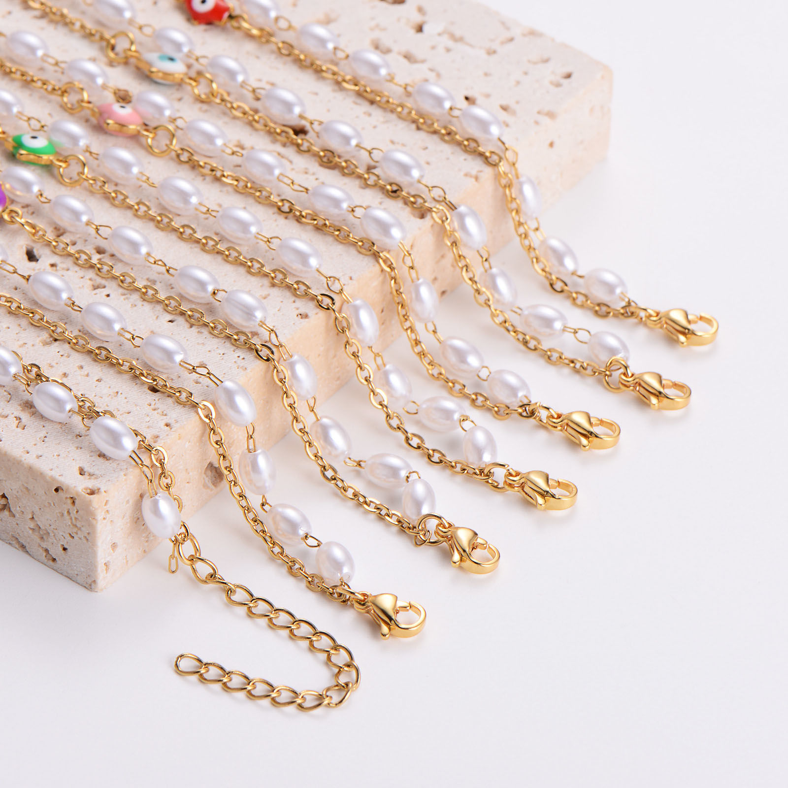 Image de Bracelet Multicouche Chaîne à Maillons Faite à la Main en 304 Acier Inoxydable Doré Œil Mauvais Imitation Perles 16cm long, 1 Pièce