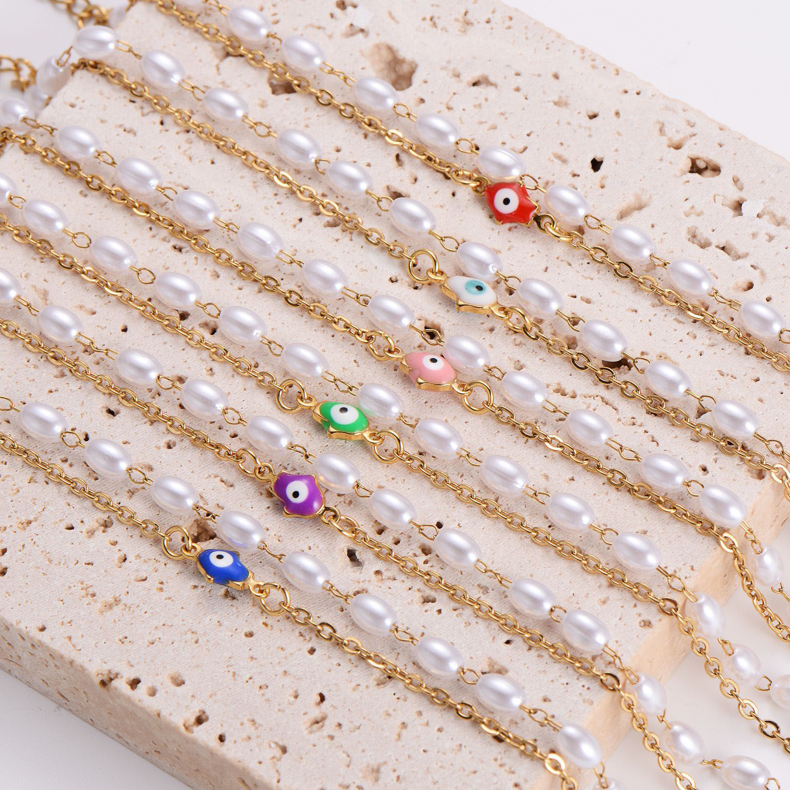 Image de Bracelet Multicouche Chaîne à Maillons Faite à la Main en 304 Acier Inoxydable Doré Œil Mauvais Imitation Perles 16cm long, 1 Pièce