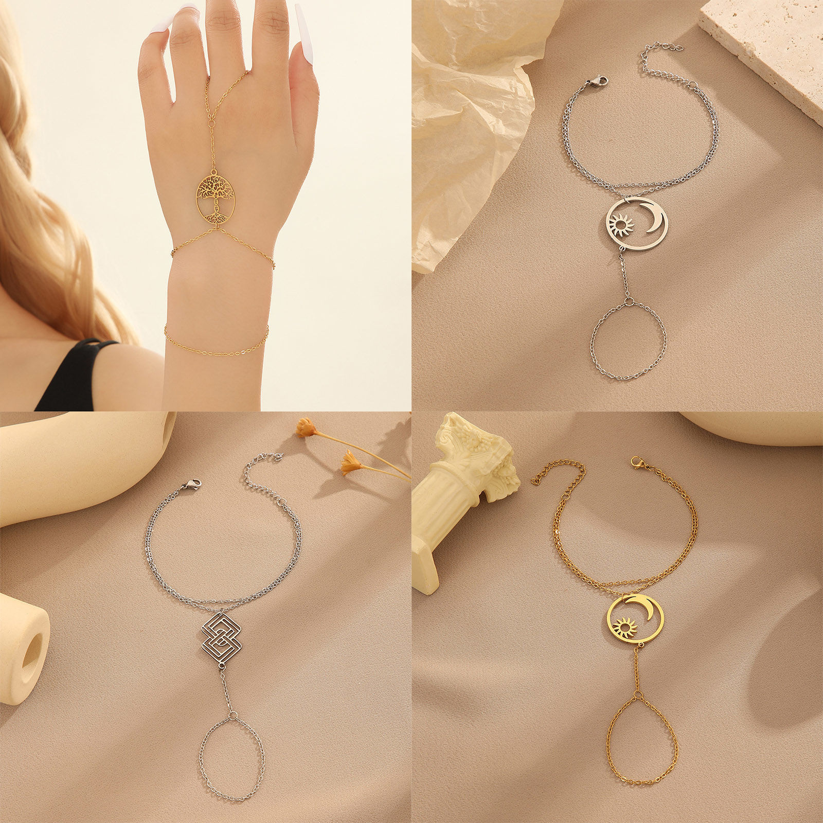 Bild von 304 Edelstahl Gliederkette Kette Retro-Nagel-Fingerring-Kettenarmbänder Geometrisch 1 Strang