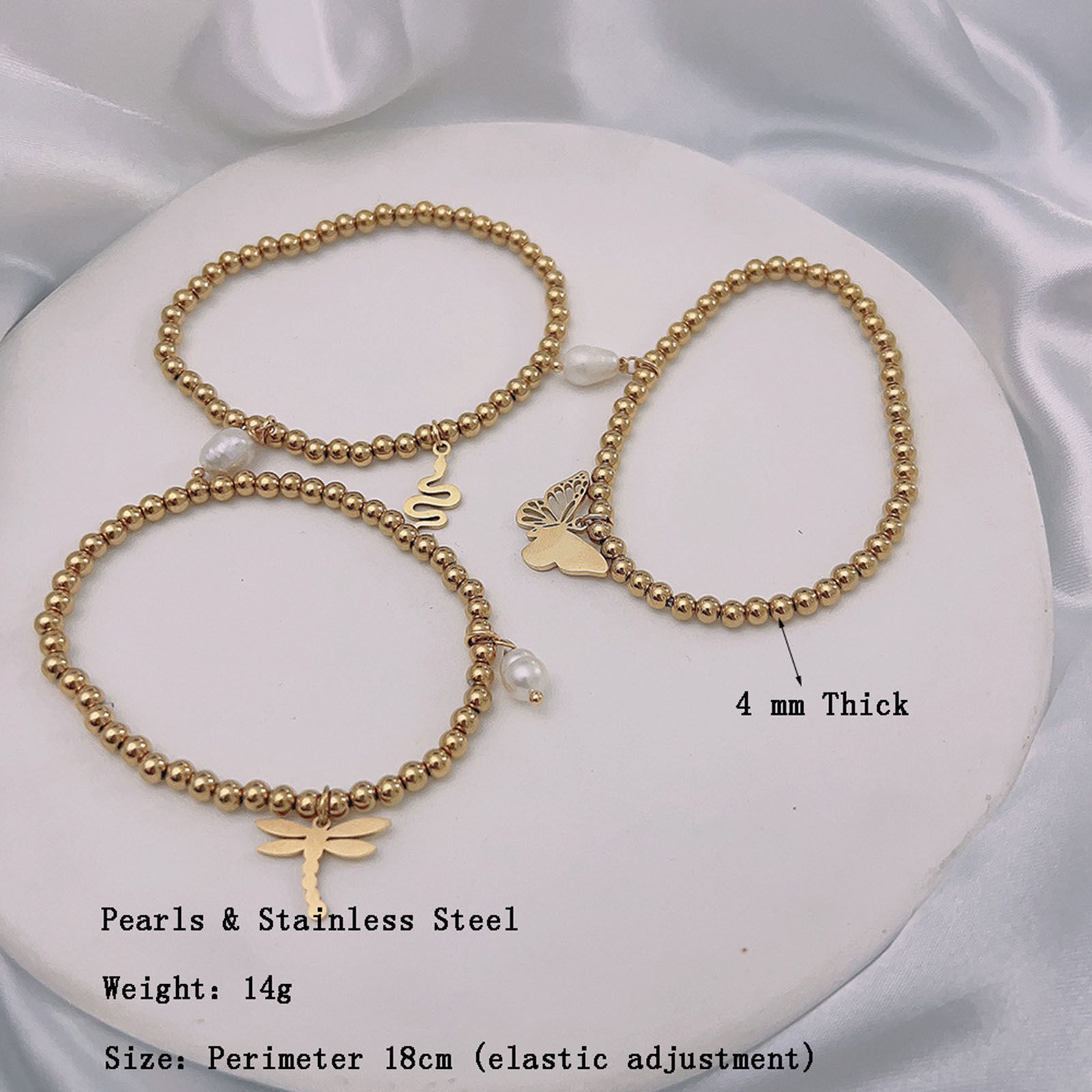 Bild von Umweltfreundlich Elegant Einfach 18K Gold plattiert 304 Edelstahl & Naturperle Halbmond Schmetterling Elastisch Charm-Armbänder Für Frauen Jubiläum 1 Strang