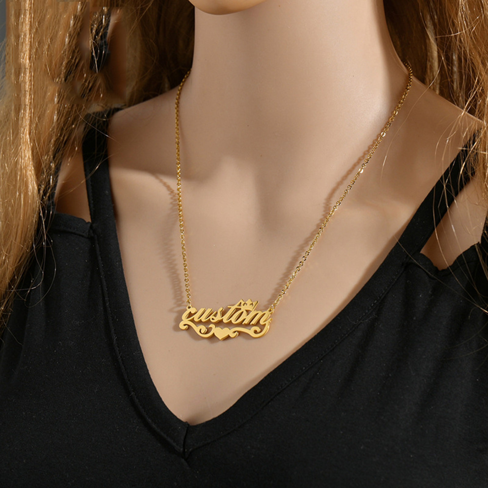 Bild von 1 Strang 304 Edelstahl Personalisierte Namenskette Personalisierter Buchstaben-Charm-Anhänger Kaiserkrone Herz Bunt 45cm lang