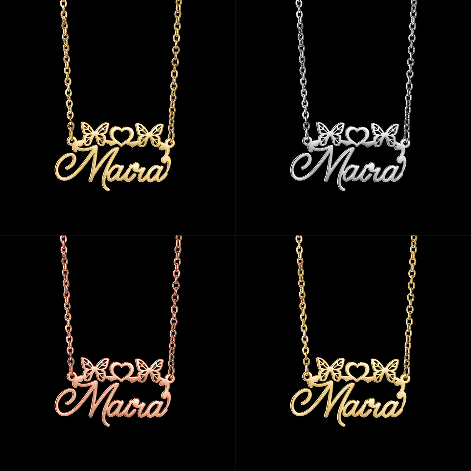 1 本 304ステンレス鋼 カスタマイズ 名入れネックレス 名前入り ネーム レターペンダント 蝶 ハート 多色 45cm長さ、 の画像