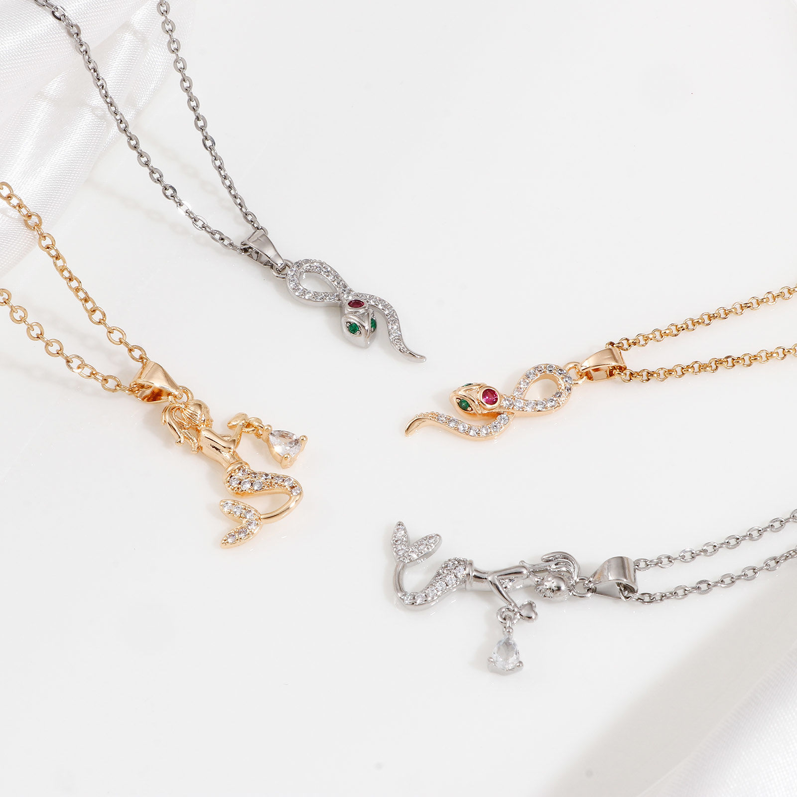 Picture of Brass Charms Real Gold Plated Snake Animal Mermaid Clear Cubic Zirconia