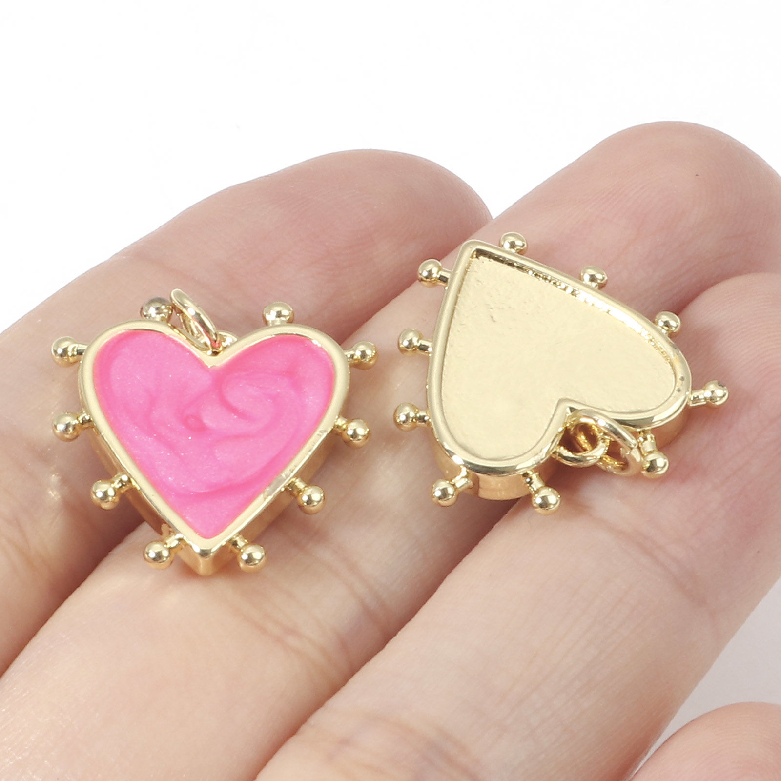 Picture of Brass Valentine's Day Charms 18K Real Gold Plated Multicolor Pearlized Heart Enamel 19mm x 18mm