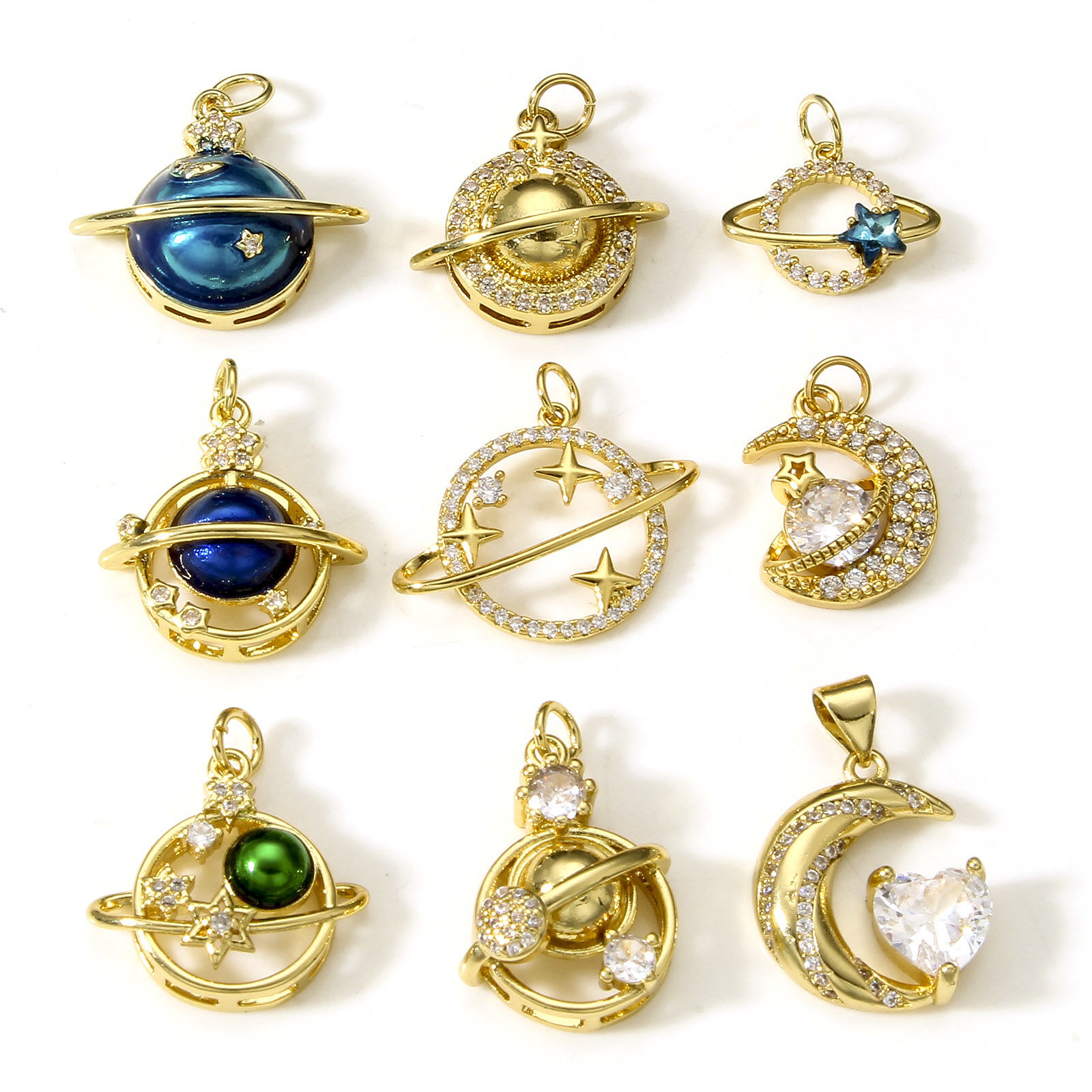 Bild von Messing Galaxis Charms 18K Echtgold plattiert Planet Klar Zirkonia 1 Stück