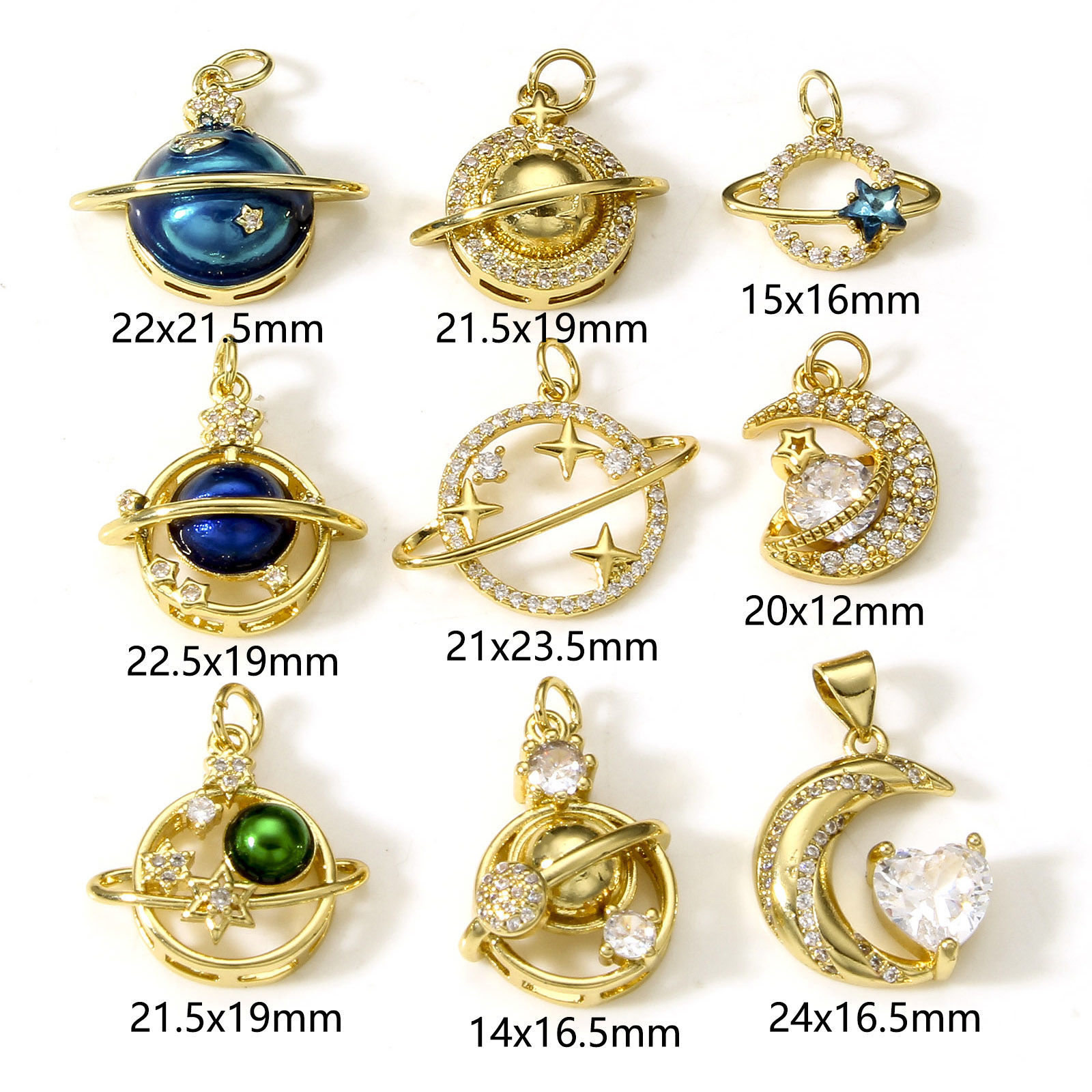 Bild von Messing Galaxis Charms 18K Echtgold plattiert Planet Klar Zirkonia 1 Stück
