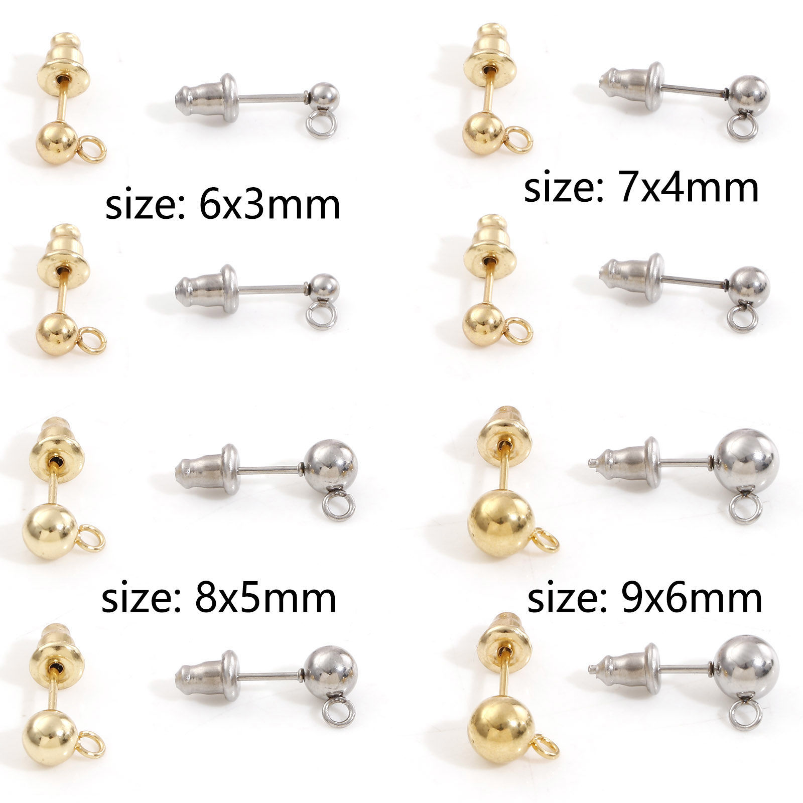 Picture of 304 Stainless Steel Ear Post Stud Earring With Loop Connector Accessories Round With Stoppers