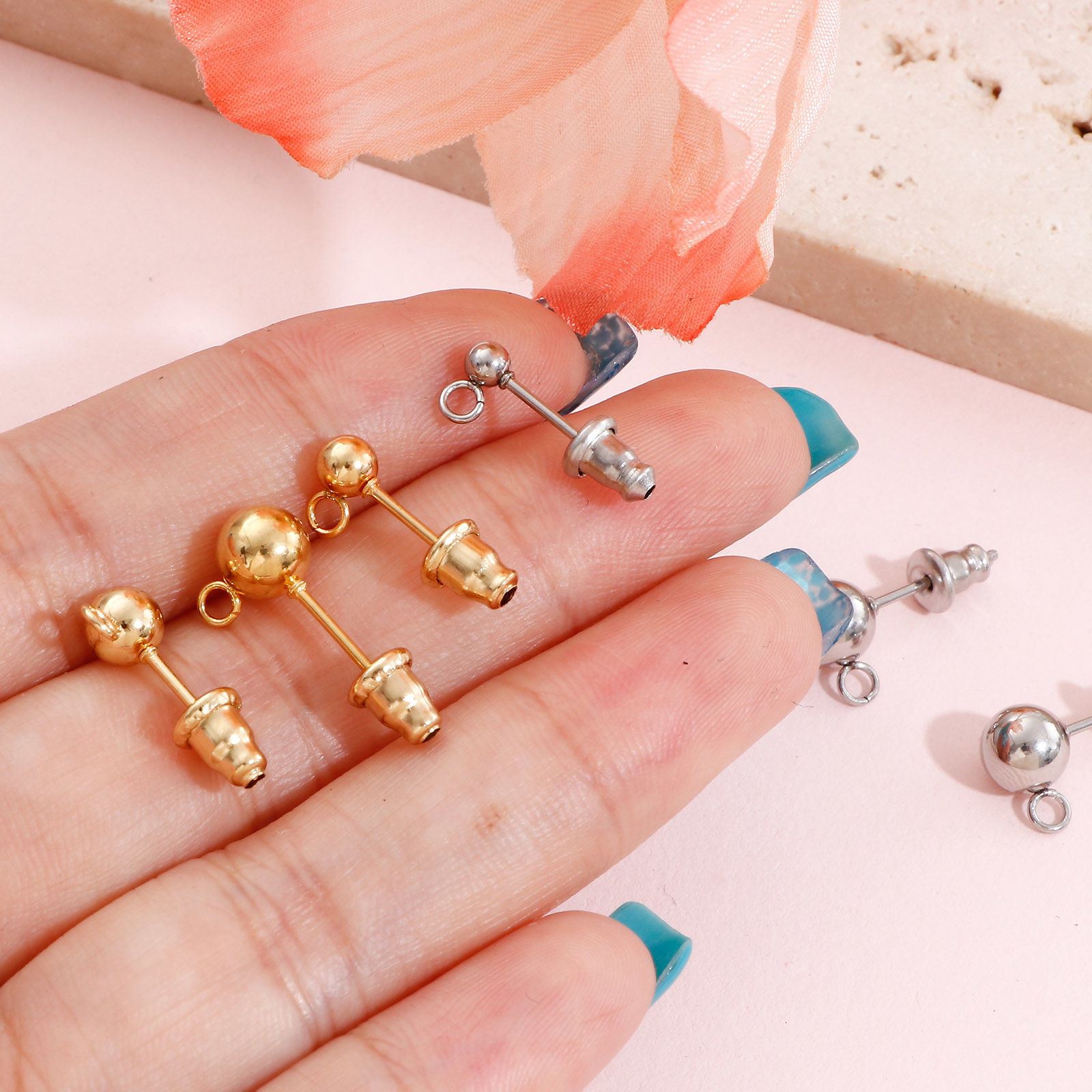 Picture of 304 Stainless Steel Ear Post Stud Earring With Loop Connector Accessories Round With Stoppers