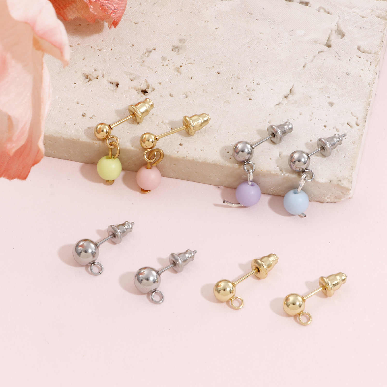 Picture of 304 Stainless Steel Ear Post Stud Earring With Loop Connector Accessories Round With Stoppers