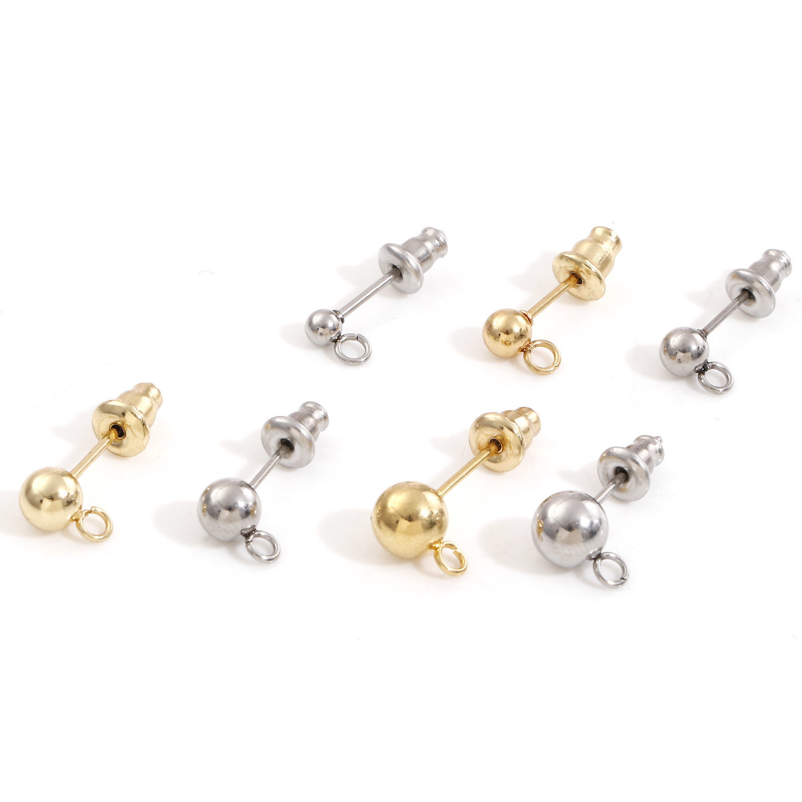 Picture of 304 Stainless Steel Ear Post Stud Earring With Loop Connector Accessories Round With Stoppers