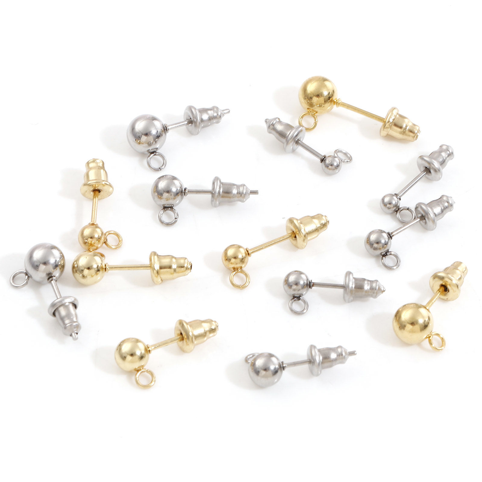 Picture of 304 Stainless Steel Ear Post Stud Earring With Loop Connector Accessories Round With Stoppers