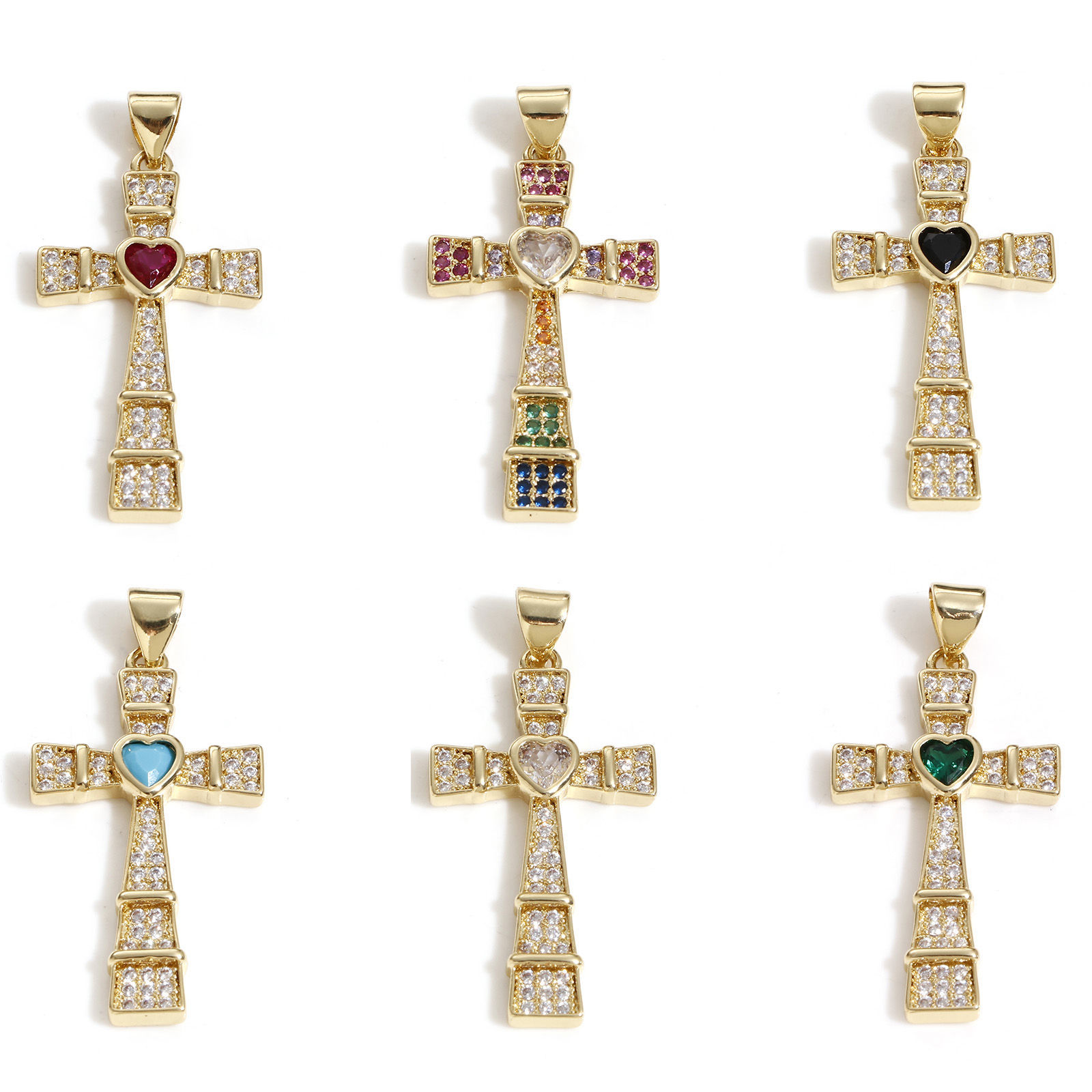 Picture of Brass Religious Pendants 18K Real Gold Plated Cross Heart Micro Pave 3.5cm x 1.7cm