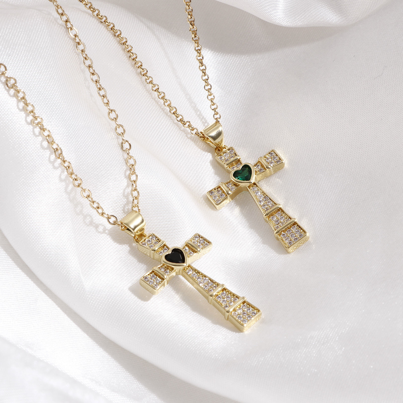 Picture of Brass Religious Pendants 18K Real Gold Plated Cross Heart Micro Pave 3.5cm x 1.7cm