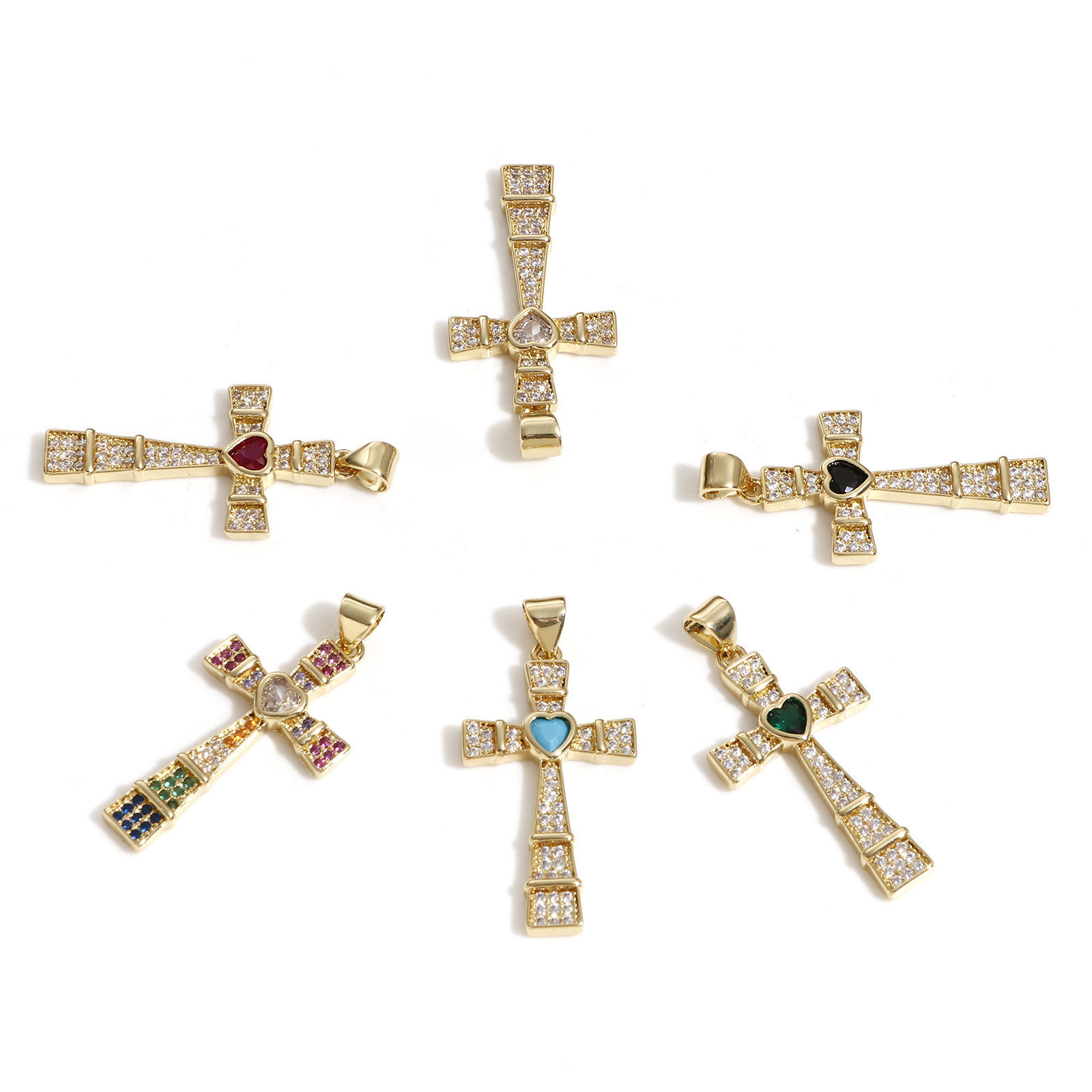 Picture of Brass Religious Pendants 18K Real Gold Plated Cross Heart Micro Pave 3.5cm x 1.7cm