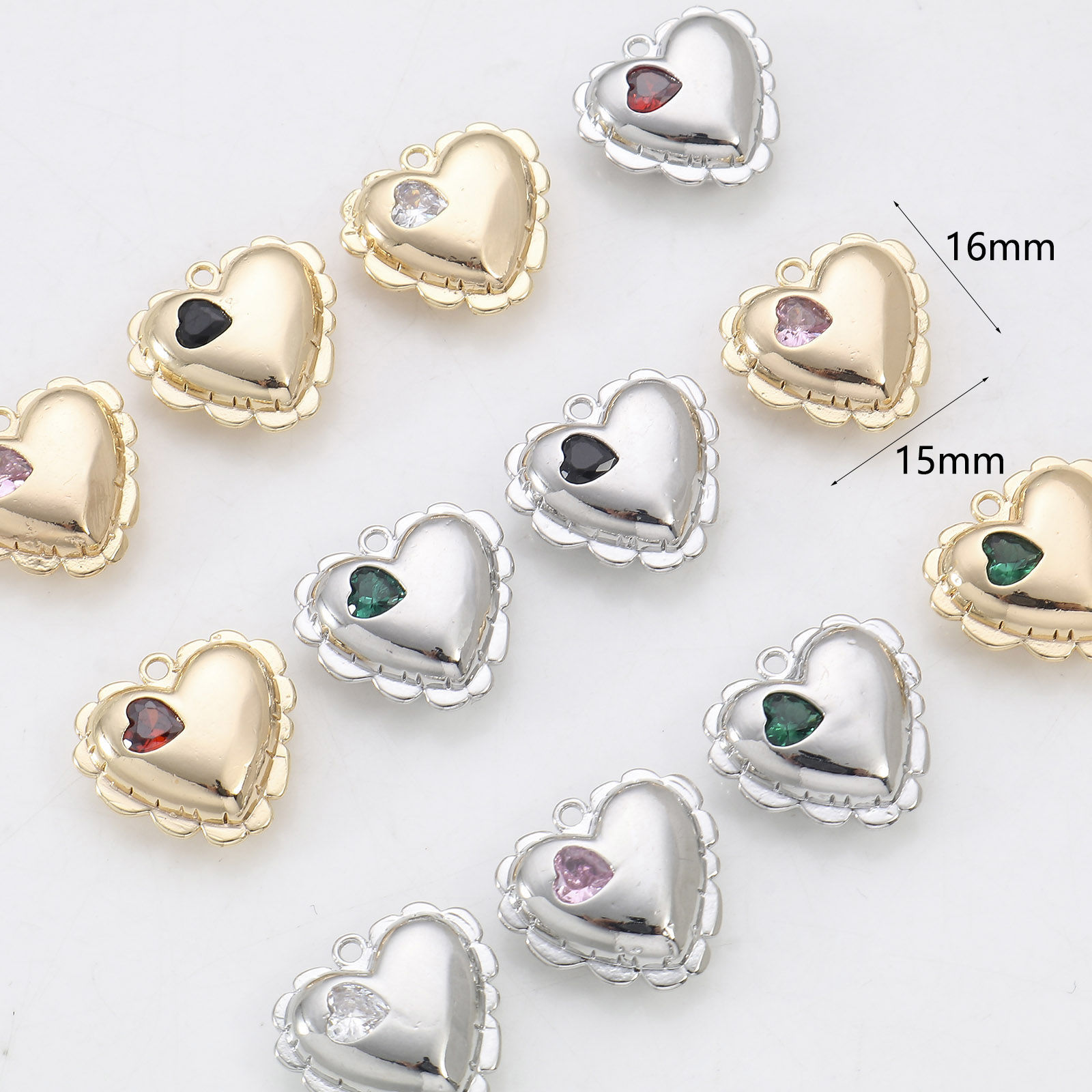 Bild von Messing Valentinstag Charms Echtgold plattiert Herz Hohl Bunt Zirkonia 16mm x 15mm, 2 Stück