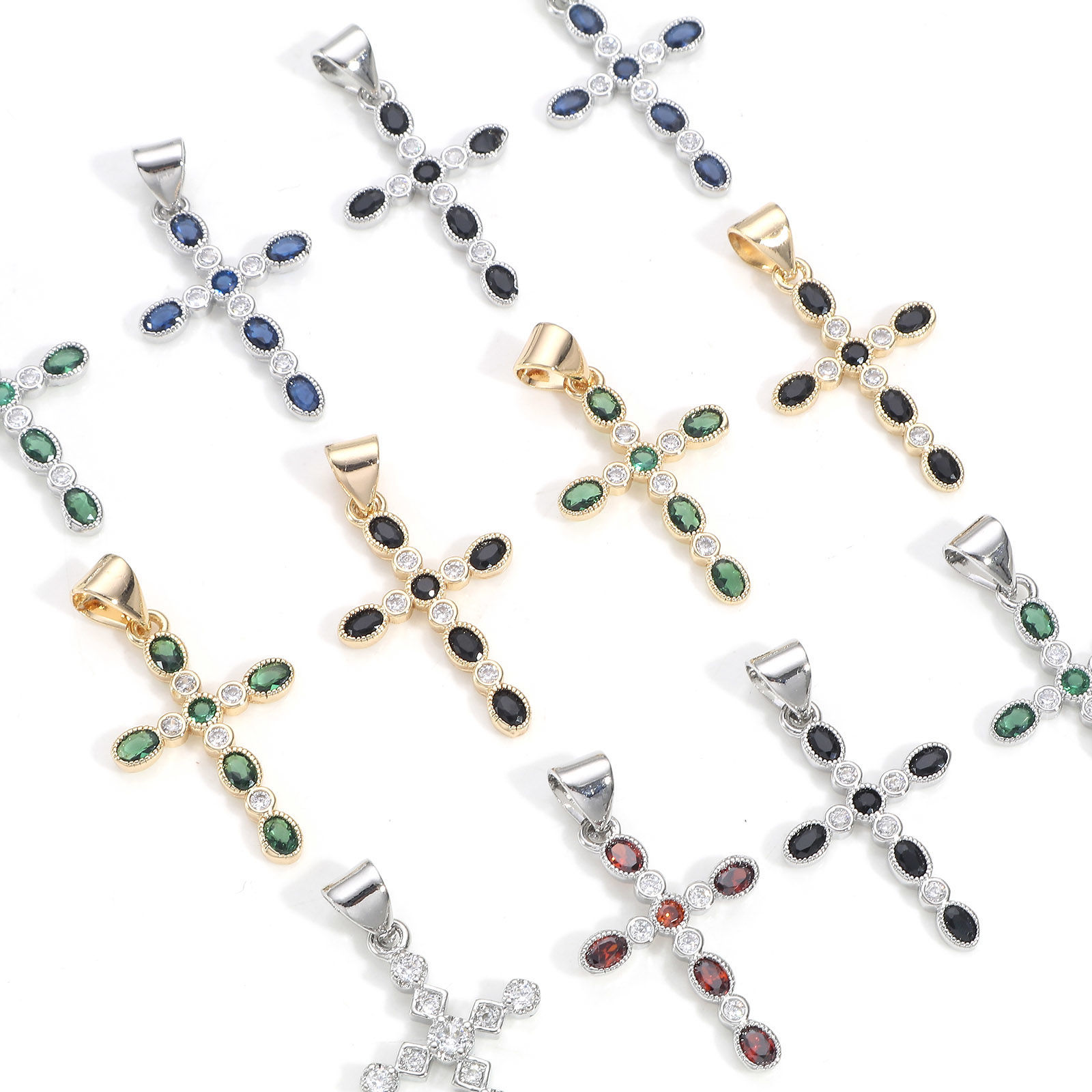 Picture of Brass Religious Charm Pendant Real Gold Plated Cross Multicolour Cubic Zirconia 27mm x 14mm