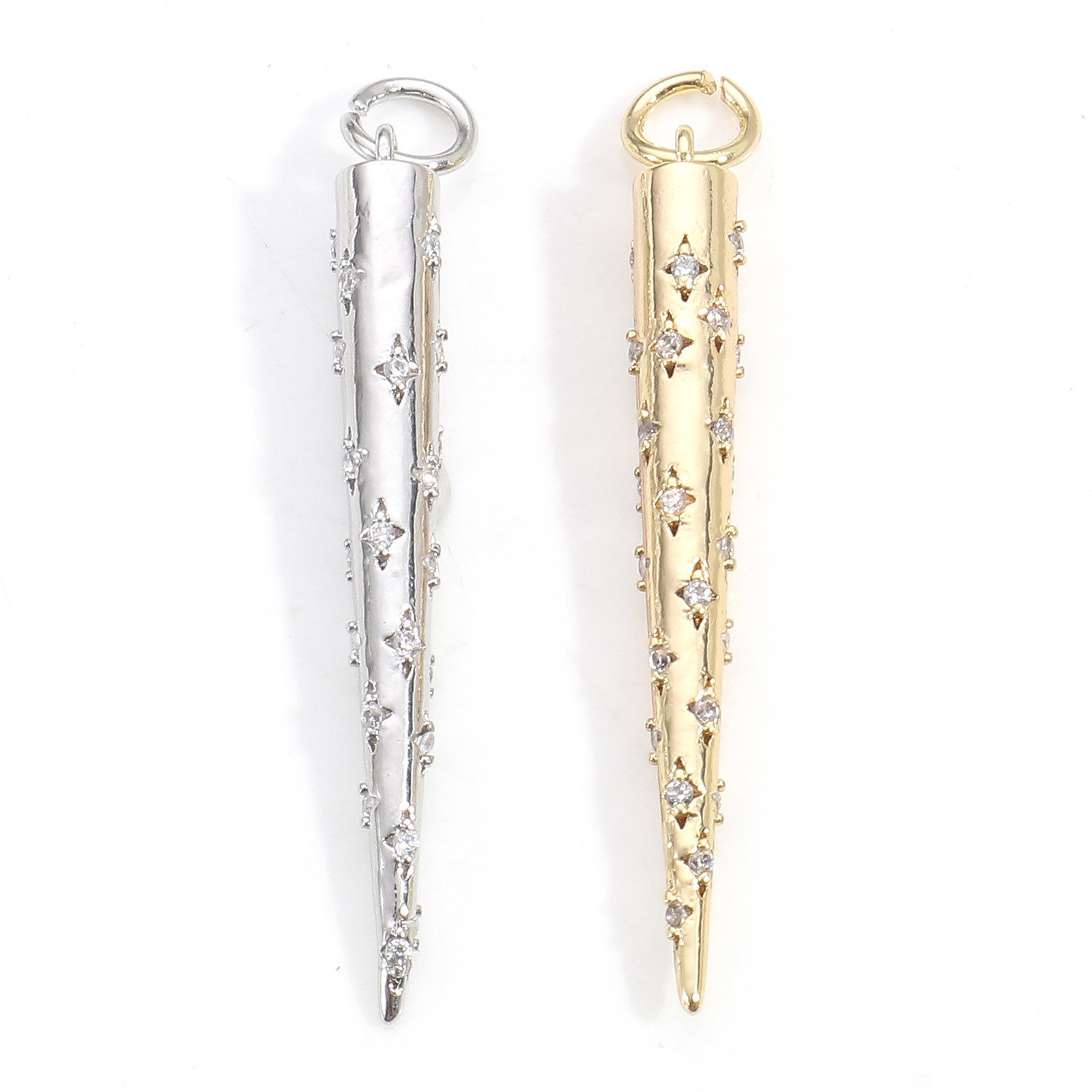 Picture of Brass Micro Pave Pendants Real Gold Plated Cone Clear Cubic Zirconia 3.7cm x 0.4cm