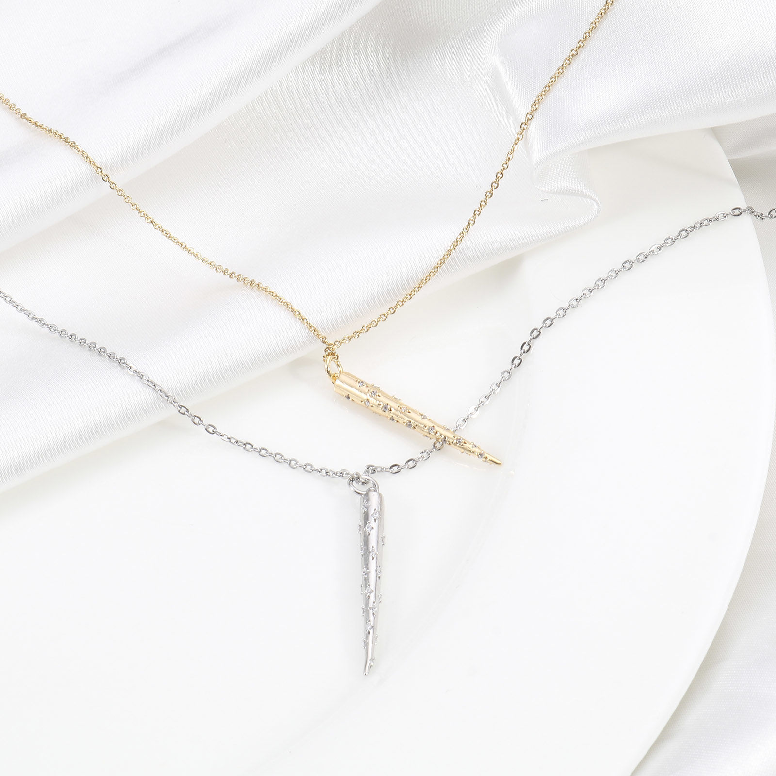 Picture of Brass Micro Pave Pendants Real Gold Plated Cone Clear Cubic Zirconia 3.7cm x 0.4cm