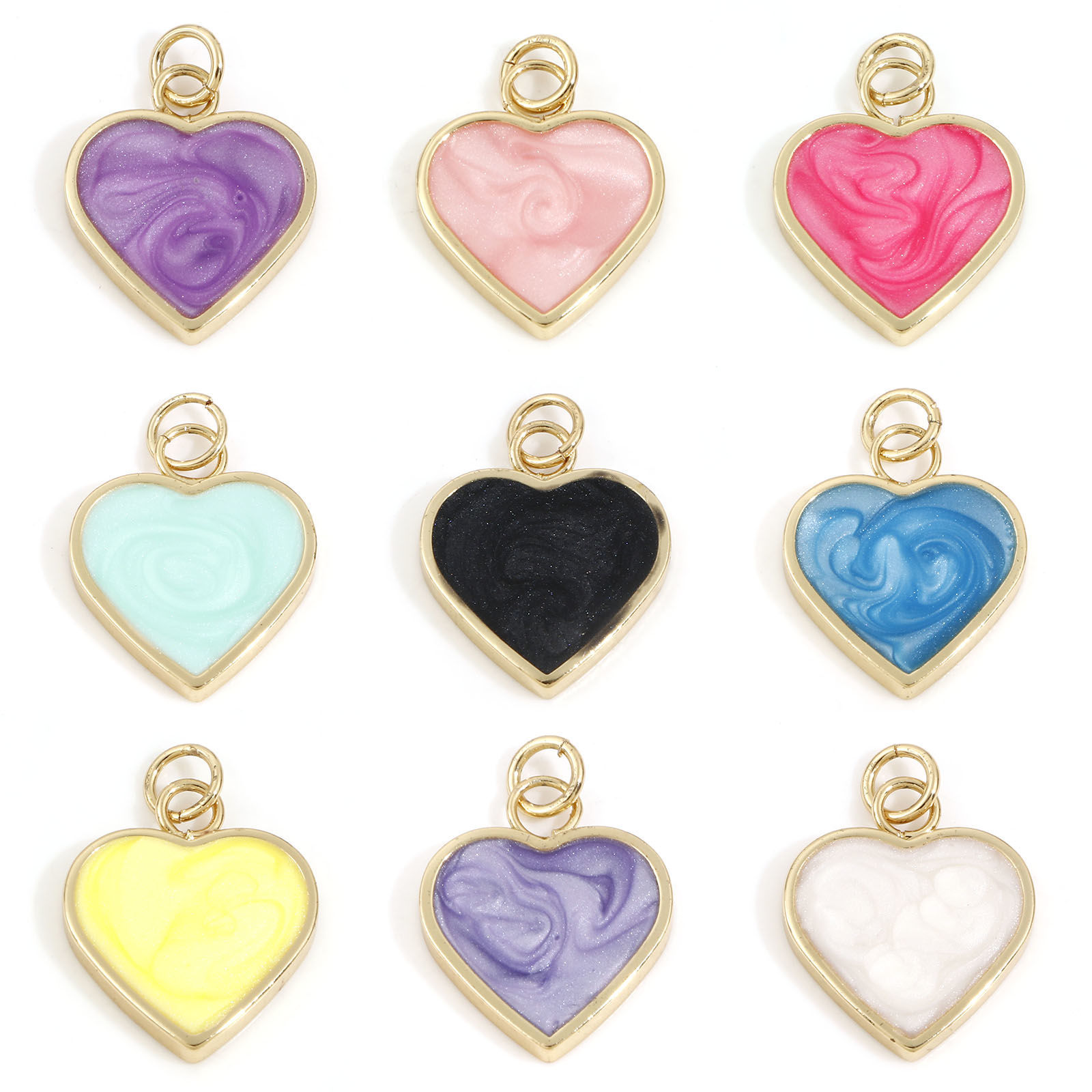 Picture of Brass Valentine's Day Charms 18K Real Gold Plated Multicolor Pearlized Heart Enamel 22mm x 5mm