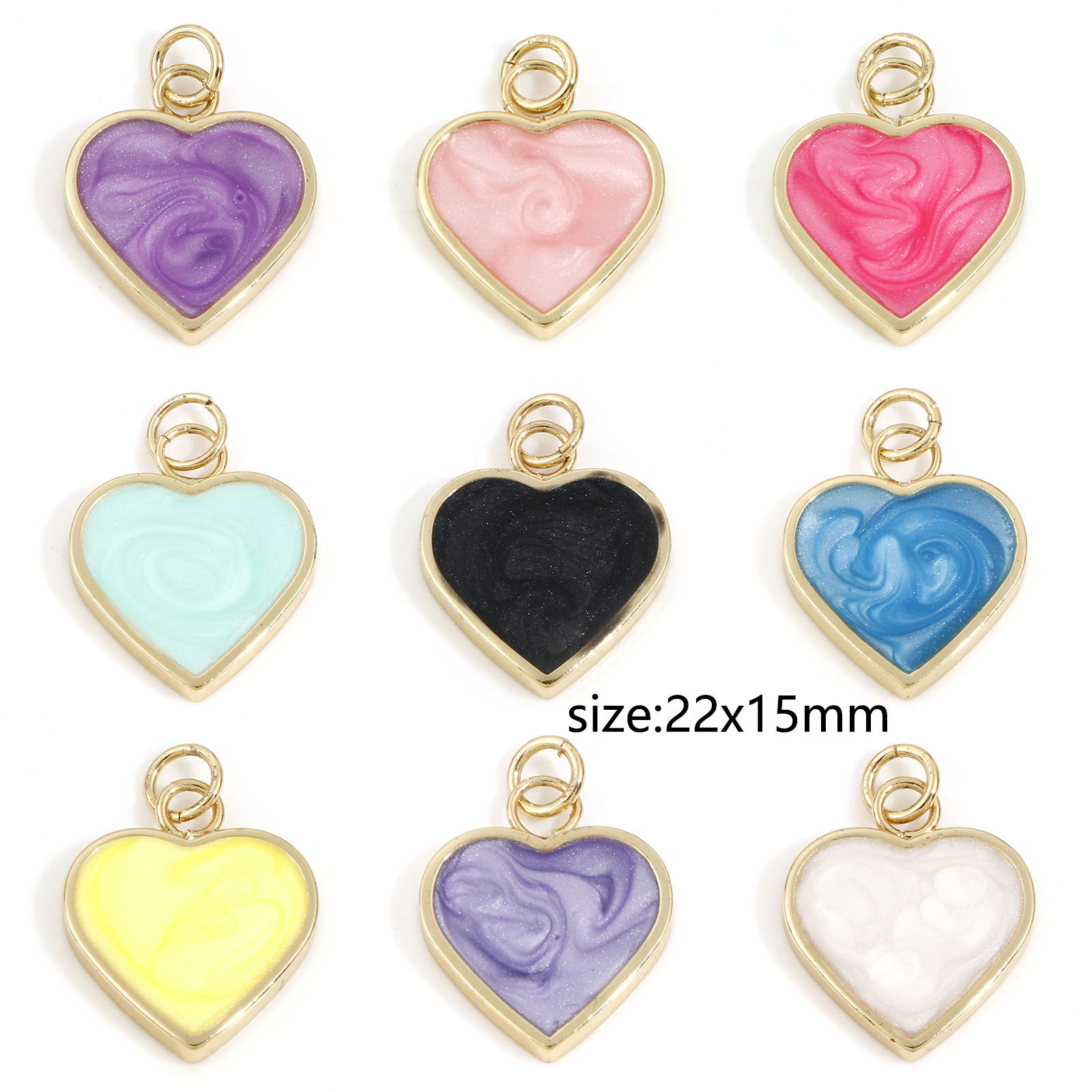 Picture of Brass Valentine's Day Charms 18K Real Gold Plated Multicolor Pearlized Heart Enamel 22mm x 5mm